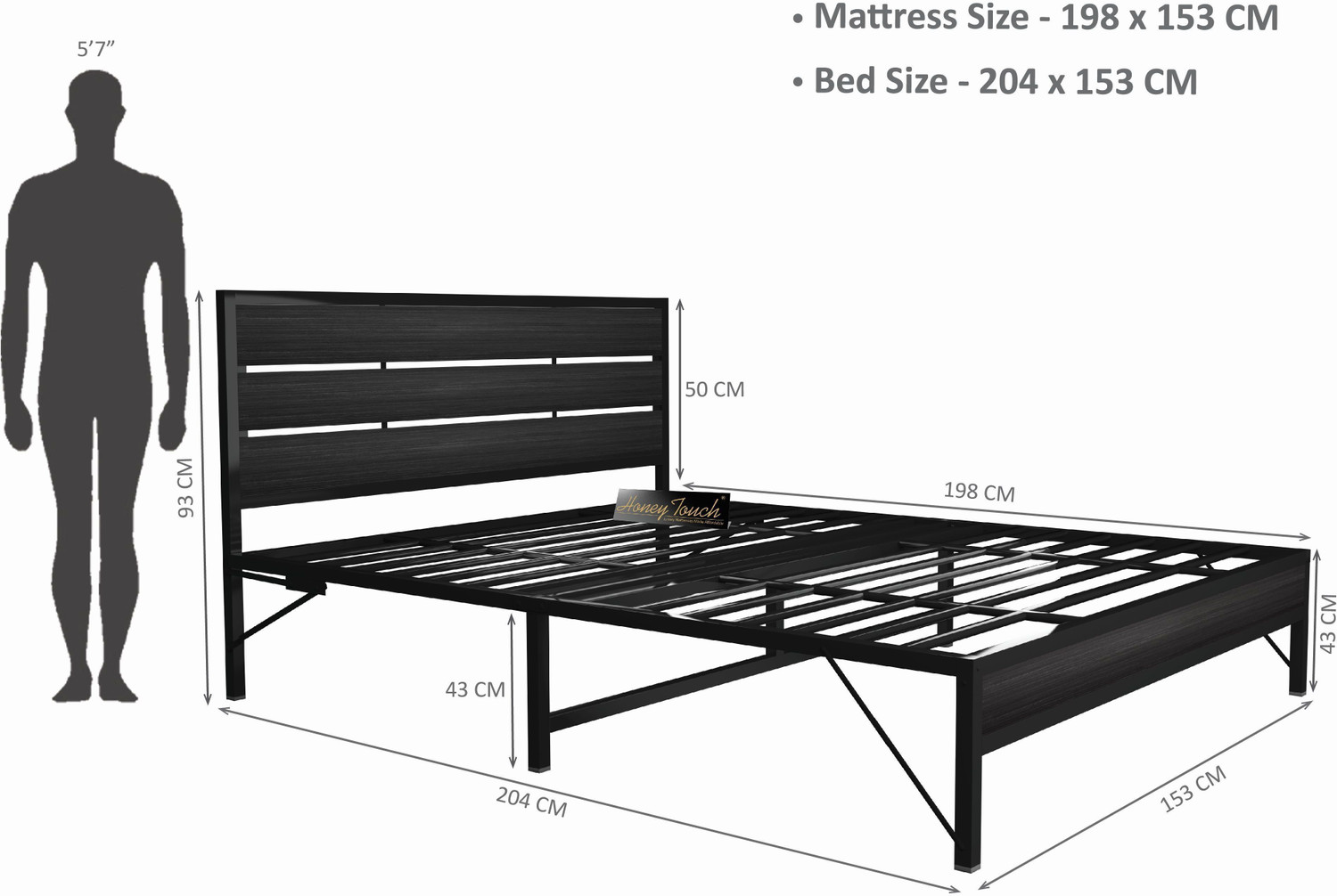 Image of HoneyTouch Elvo Queen Size Bed Frame | No Assembly Required | Metal Queen Bed, 204 cm x 152 cm (6.69 ft x 4.99 ft)