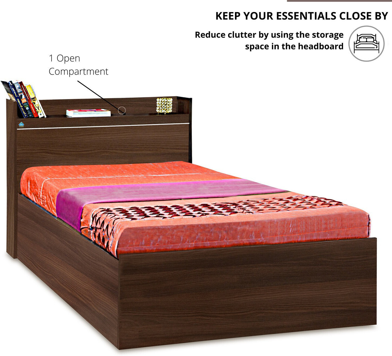 Image of Delite Kom Cherry Single Bed | with Box & Headboard Storage | Assembly Included | Engineered Wood Single Box Bed, 213 cm x 96 cm (6.99 ft x 3.15 ft)