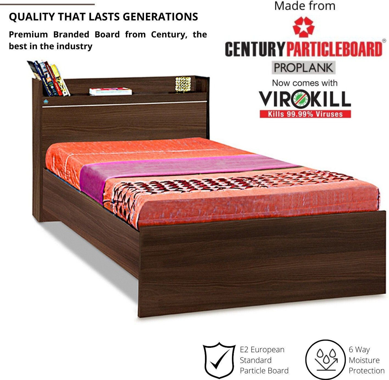 Image of Delite Kom Cherry Single Bed | Open Headboard Shelf Storage | Assembley Included | Engineered Wood Single Bed, 213 cm x 96 cm (6.99 ft x 3.15 ft)