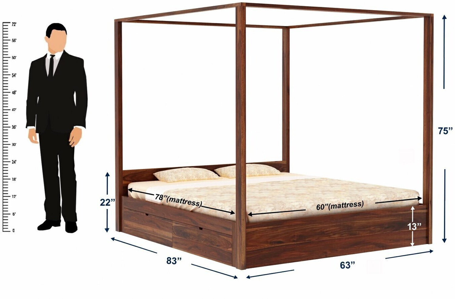Image of WOODENJOY Sheesham Wood Queen Bed With Drawers Storage /Wooden Queen Bed With Storage Solid Wood Queen Drawer Bed, 210.82 cm x 160.02 cm (6.92 ft x 5.25 ft) (Finish Color - Natural- 4-D, Delivery Condition - DIY(Do-It-Yourself))