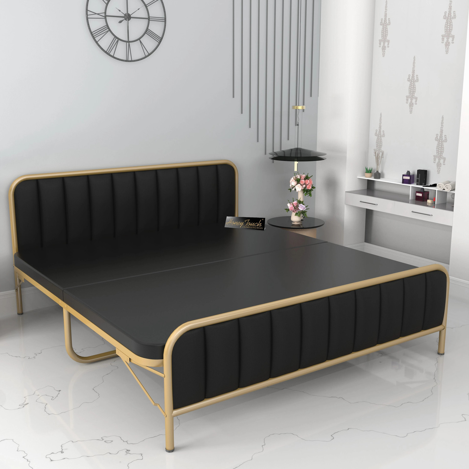Image of HoneyTouch Boston King Size Bed | Folding Bed No Assembly Required | Metal King Bed, 200 cm x 183 cm (6.56 ft x 6.0 ft)