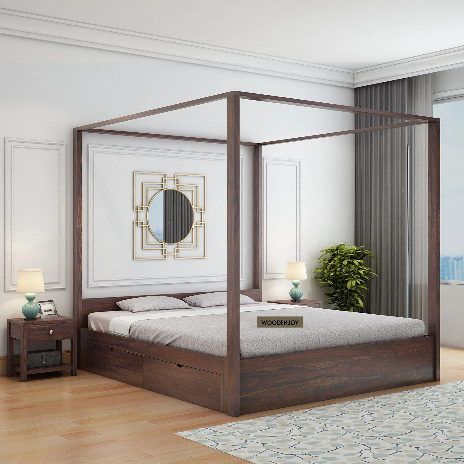 Image of WOODENJOY Sheesham Wood King Bed With Drawers Storage /Wooden Bed With Storage For Home Solid Wood King Drawer Bed, 210.82 cm x 190.5 cm (6.92 ft x 6.25 ft) (Finish Color - Walnut-4-D, Delivery Condition - DIY(Do-It-Yourself))