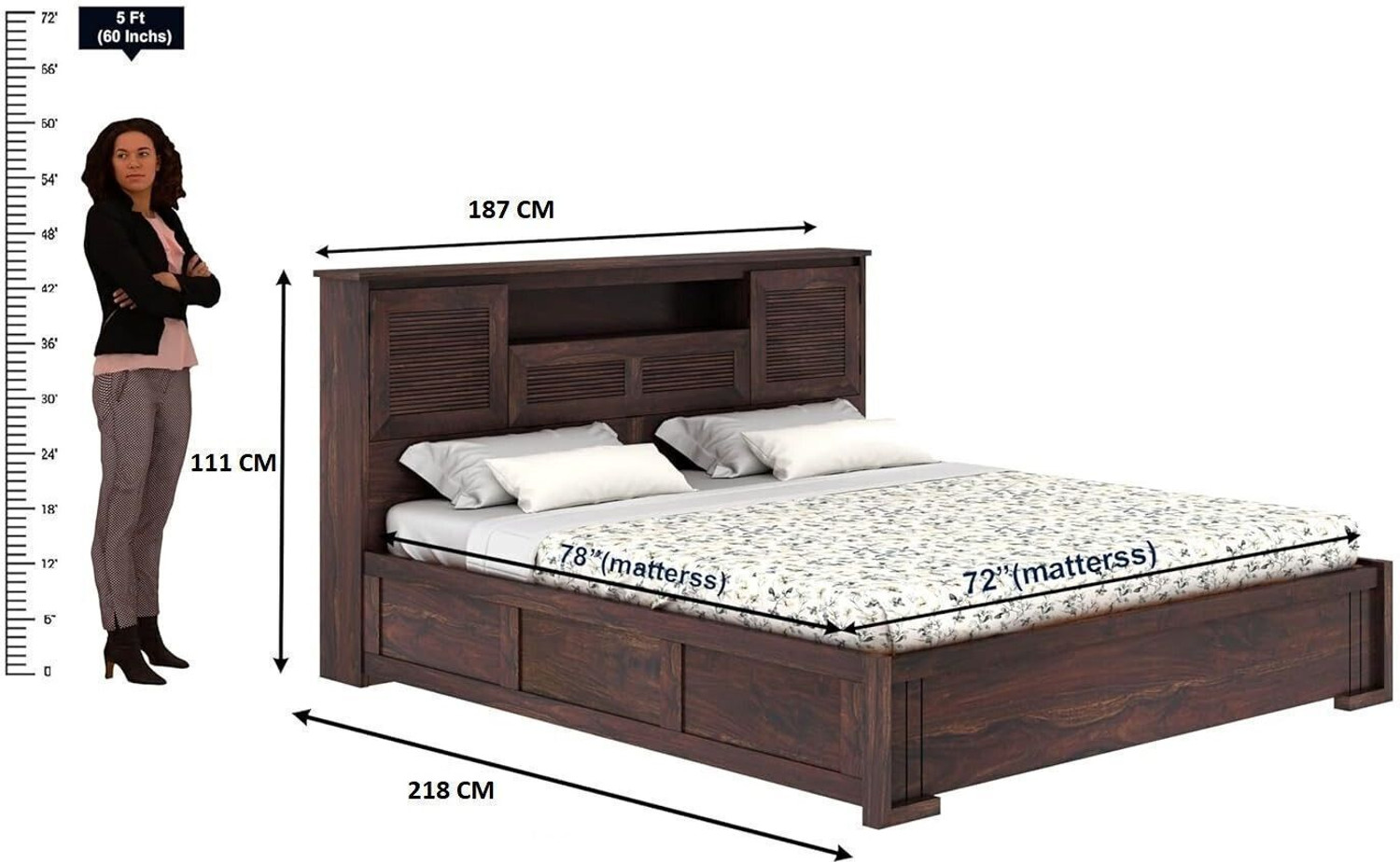 Image of Ganpati Arts Maharaja Groove Sheesham Wood Bed /Cot With Box Storage | Solid Wood King Box Bed, 218 cm x 187 cm (7.15 ft x 6.14 ft)