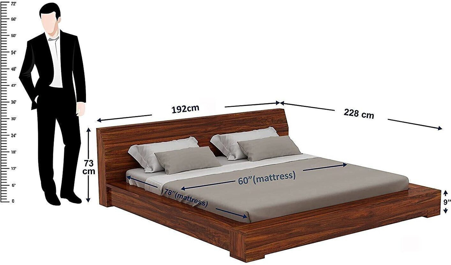 Image of Ganpati Arts Sheesham Wood Queen Size Bed for Bedroom /Home /Hotel /Living Room Solid Wood Queen Bed, 228 cm x 192 cm (7.48 ft x 6.3 ft)