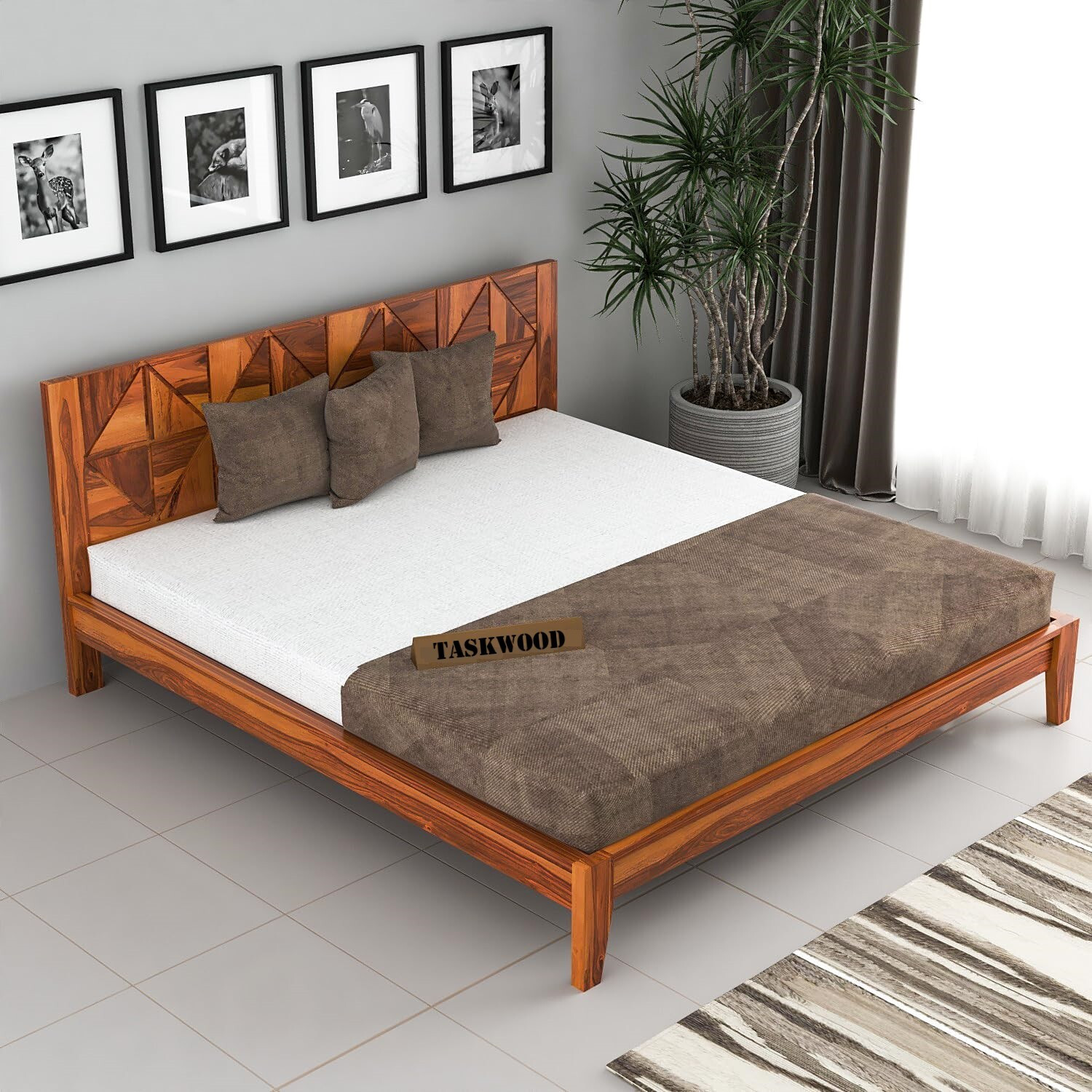 Image of Taskwood Furniture Solid Sheesham Wood Wooden King Size Bed With CNC Design Headboard For Bedroom. Solid Wood King Bed, 205 cm x 187 cm (6.73 ft x 6.14 ft)