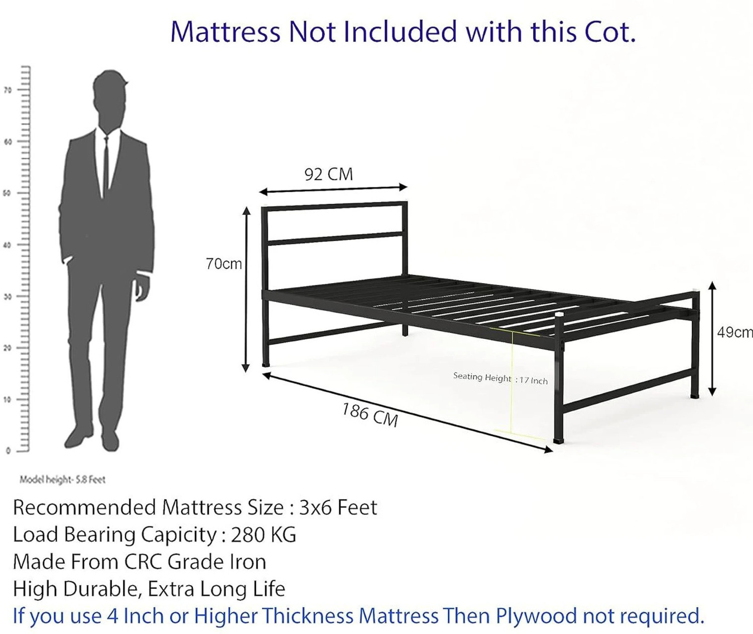 Image of Hari Om Craft Metal Single Bed, 186 cm x 92 cm (6.1 ft x 3.02 ft)
