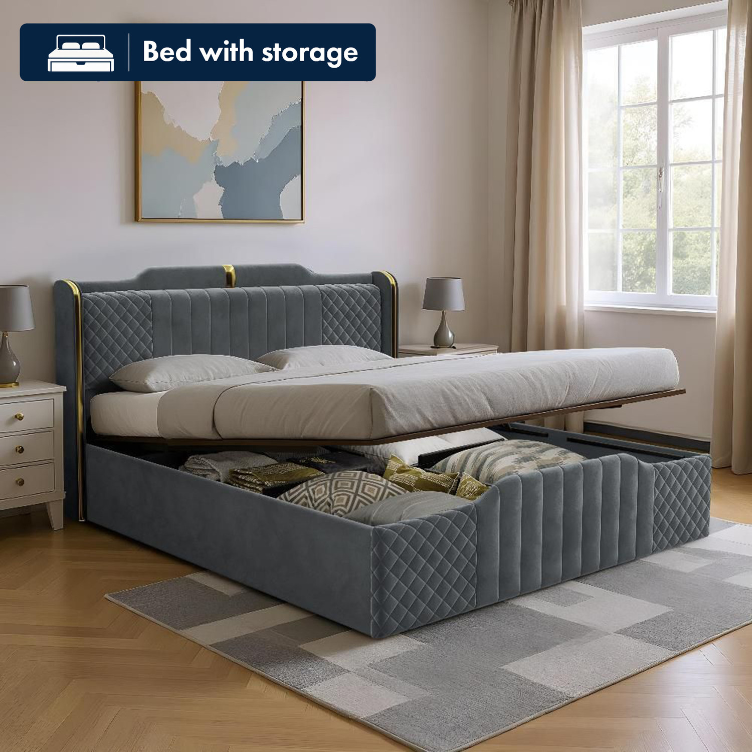 Image of Wakefit Velura Solid Wood King Hydraulic Bed, 204 cm x 207 cm (6.69 ft x 6.79 ft)