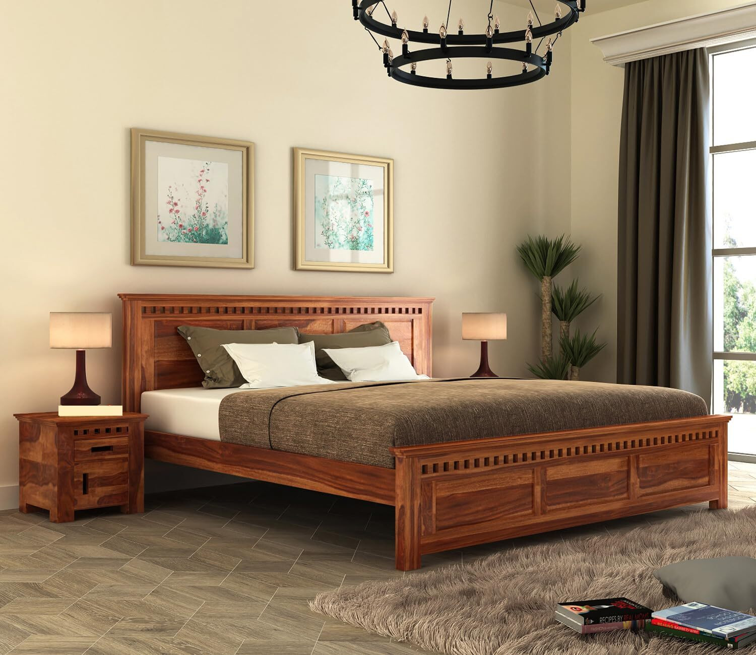 Image of Bedroots Pure Sheesham King Size Bed Solid Wood King Bed, 208 cm x 190 cm (6.82 ft x 6.23 ft)