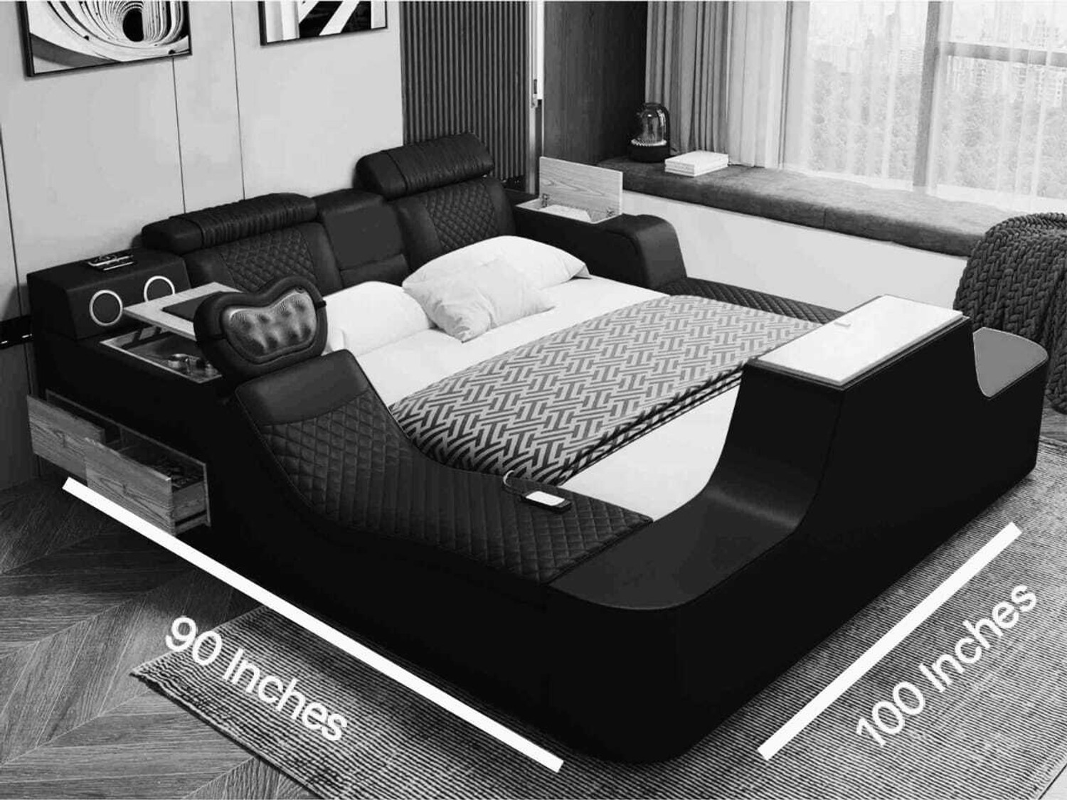 Image of alishaank MULTI FUNCTIONAL SMART BED WITH SMART T.V. BODY MASSAGER MUSIC SYSTEM Etc. Solid Wood King Box, Hydraulic Bed, 185 cm x 185 cm (6.07 ft x 6.07 ft)
