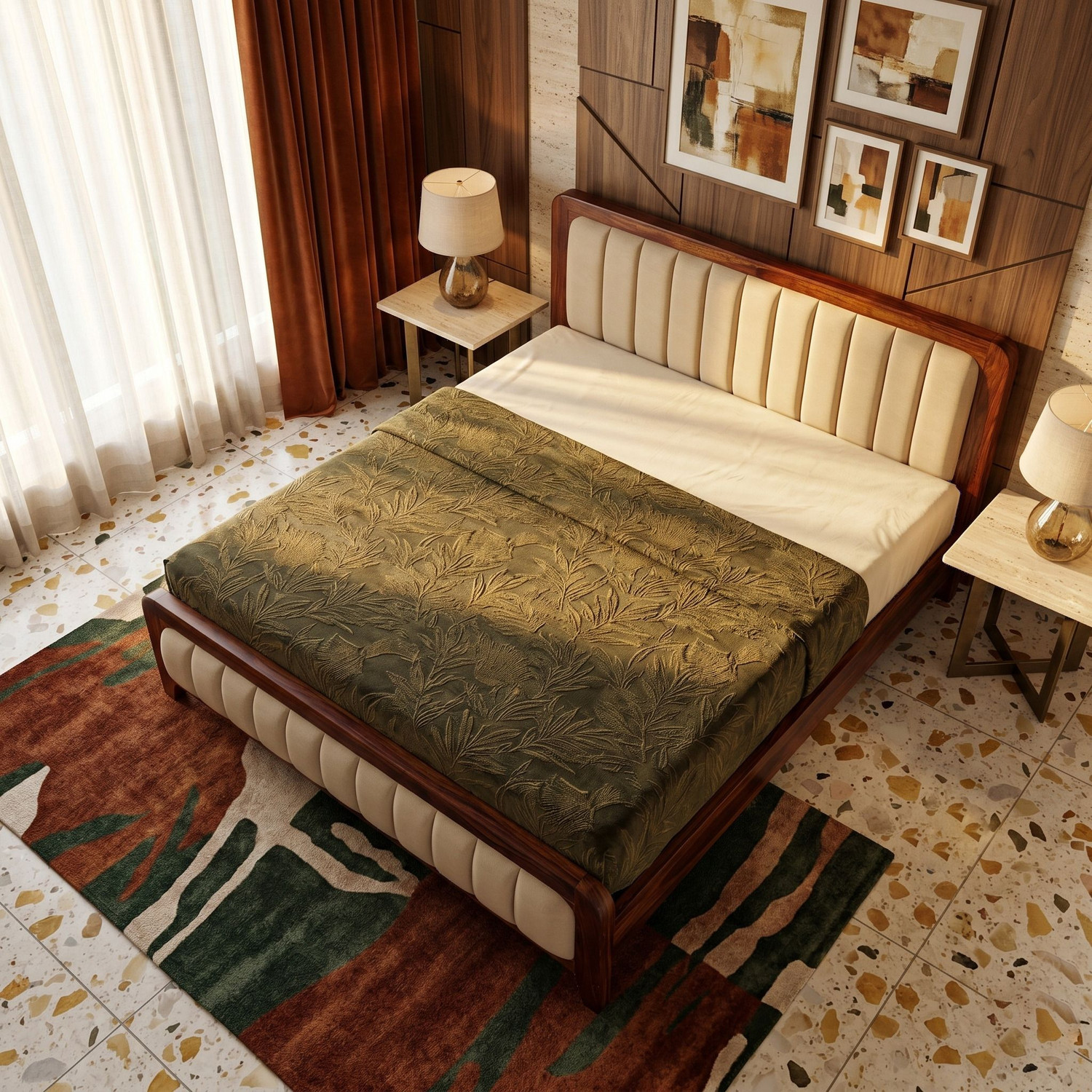 Image of Suncrown Furniture Sheesham Wood Double Bed with Cushioned Headboard & Footboard Without Storage | Solid Wood King Bed, 208.28 cm x 187.96 cm (6.83 ft x 6.17 ft) (Finish Color - Natural Honey, Delivery Condition - DIY(Do-It-Yourself))