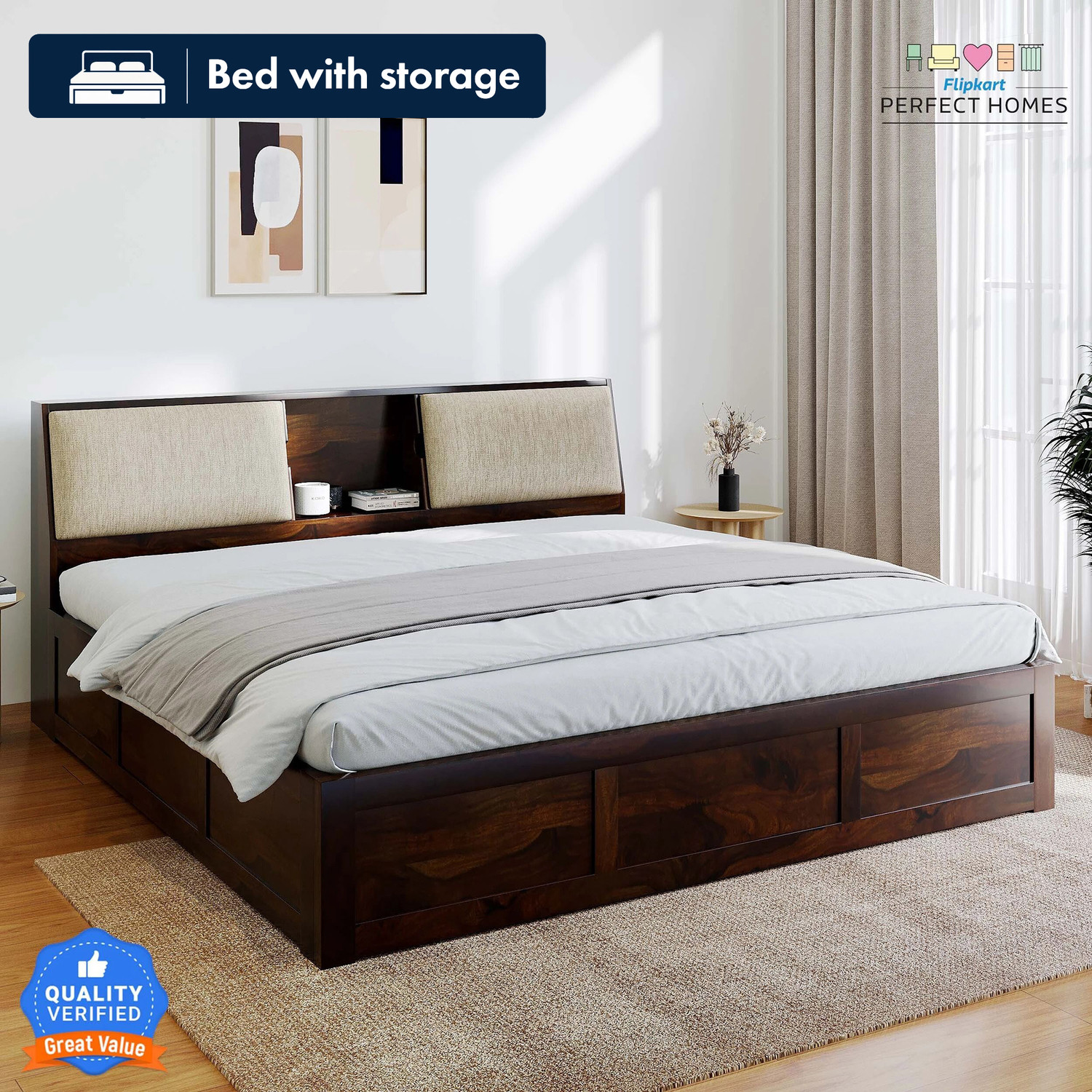 Image of Flipkart Perfect Homes Stout with Storage Headboard Solid Wood Queen Box Bed, 220 cm x 158 cm (7.22 ft x 5.18 ft)
