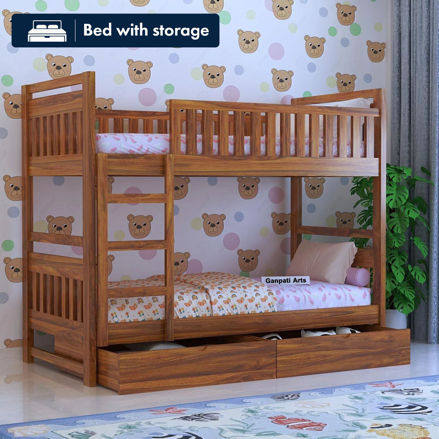 Image of Ganpati Arts Sheesham Wood Swift Bunk Bed With2 Drawer Storage For Kids Bed /Kids Room Solid Wood Single Drawer Bed, 208.28 cm x 99.06 cm (6.83 ft x 3.25 ft)