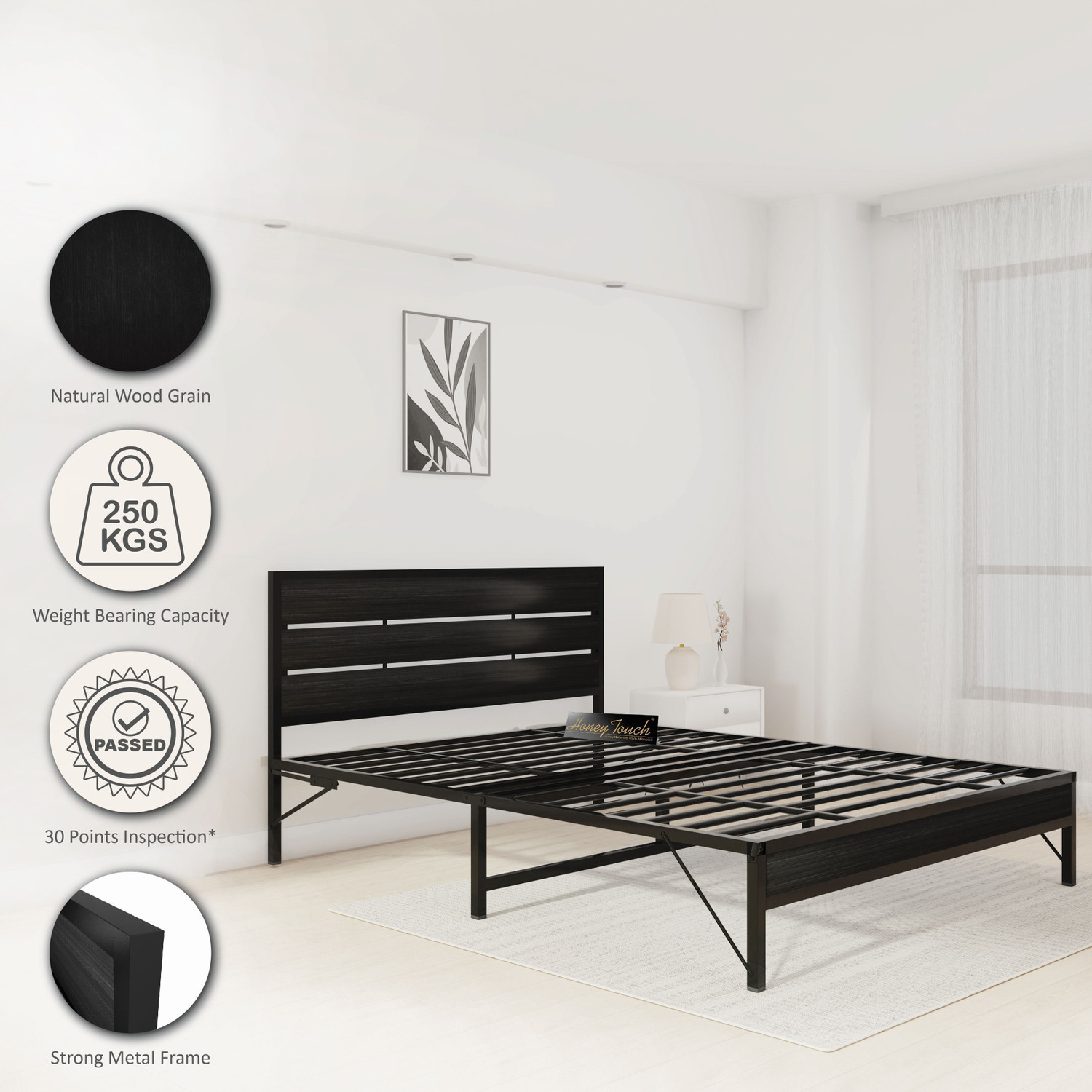 Image of HoneyTouch Elvo Queen Size Bed Frame | No Assembly Required | Metal Queen Bed, 204 cm x 152 cm (6.69 ft x 4.99 ft)