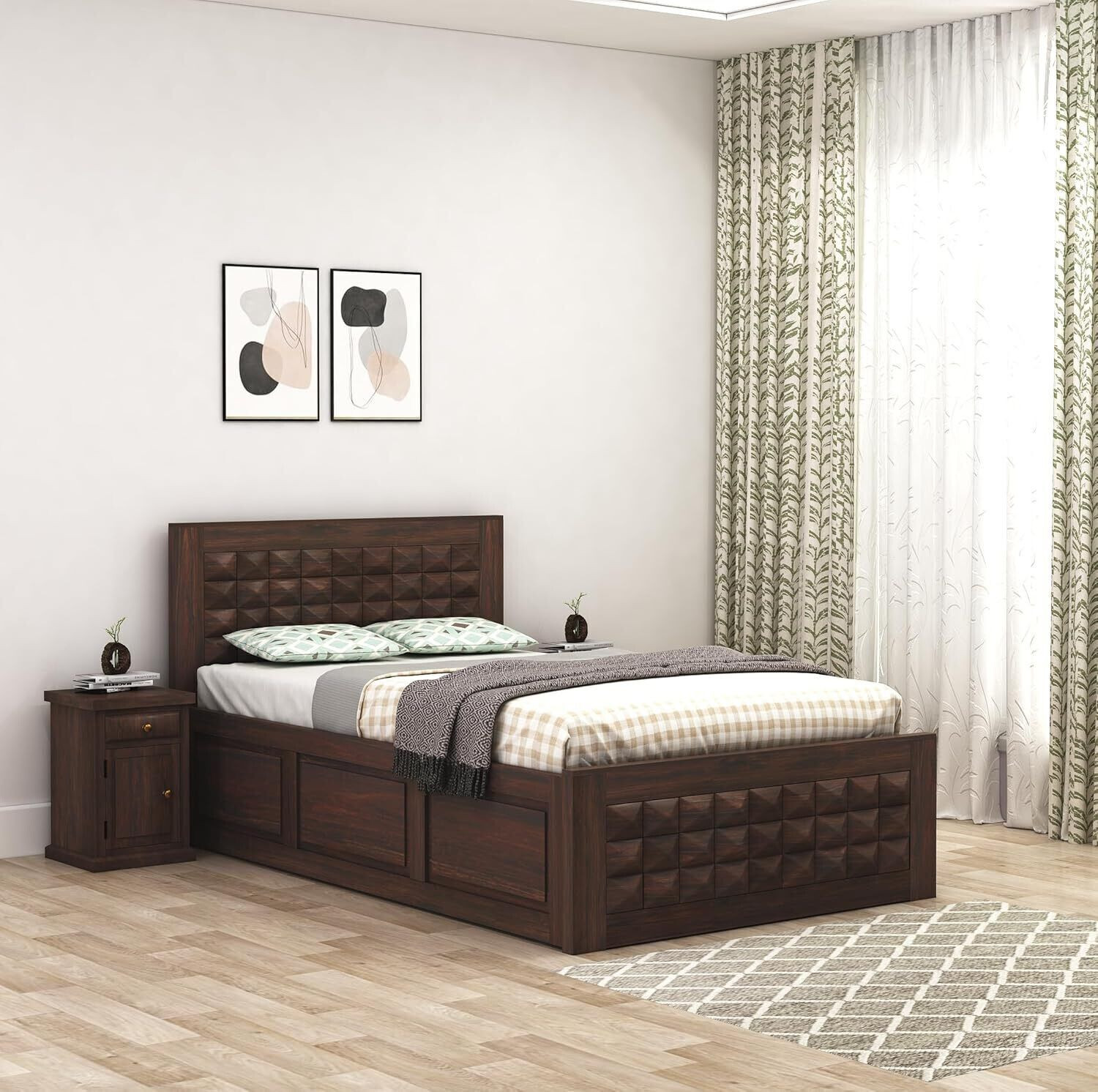 Image of SONA ART & CRAFTS Diamond Sheesham Wood Single Bed with Storage Box Solid Wood Single Box Bed, 214 cm x 96 cm (7.02 ft x 3.15 ft)