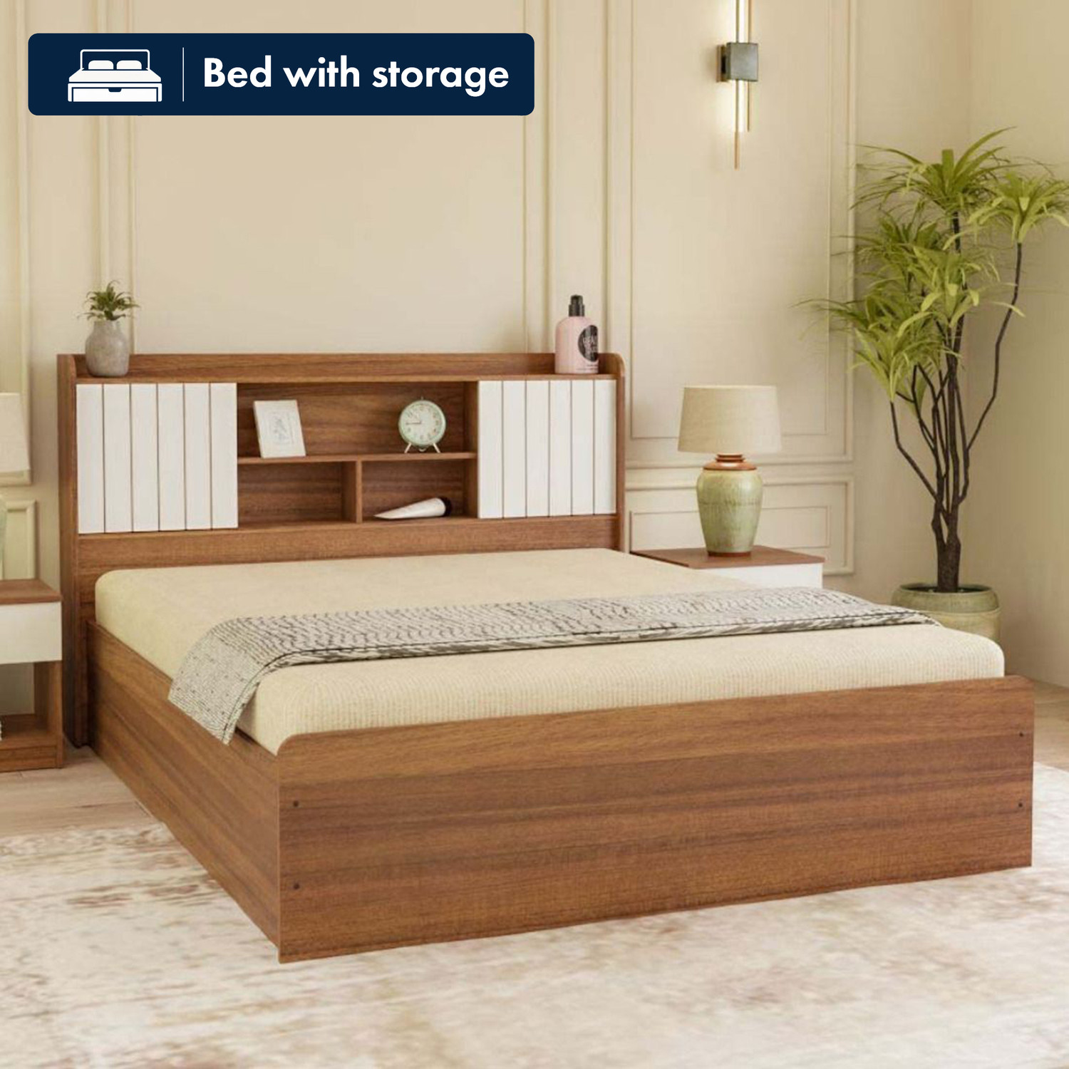 Image of neuspace Amber Engineered Wood Queen Box Bed, 221 cm x 163 cm (7.25 ft x 5.35 ft)