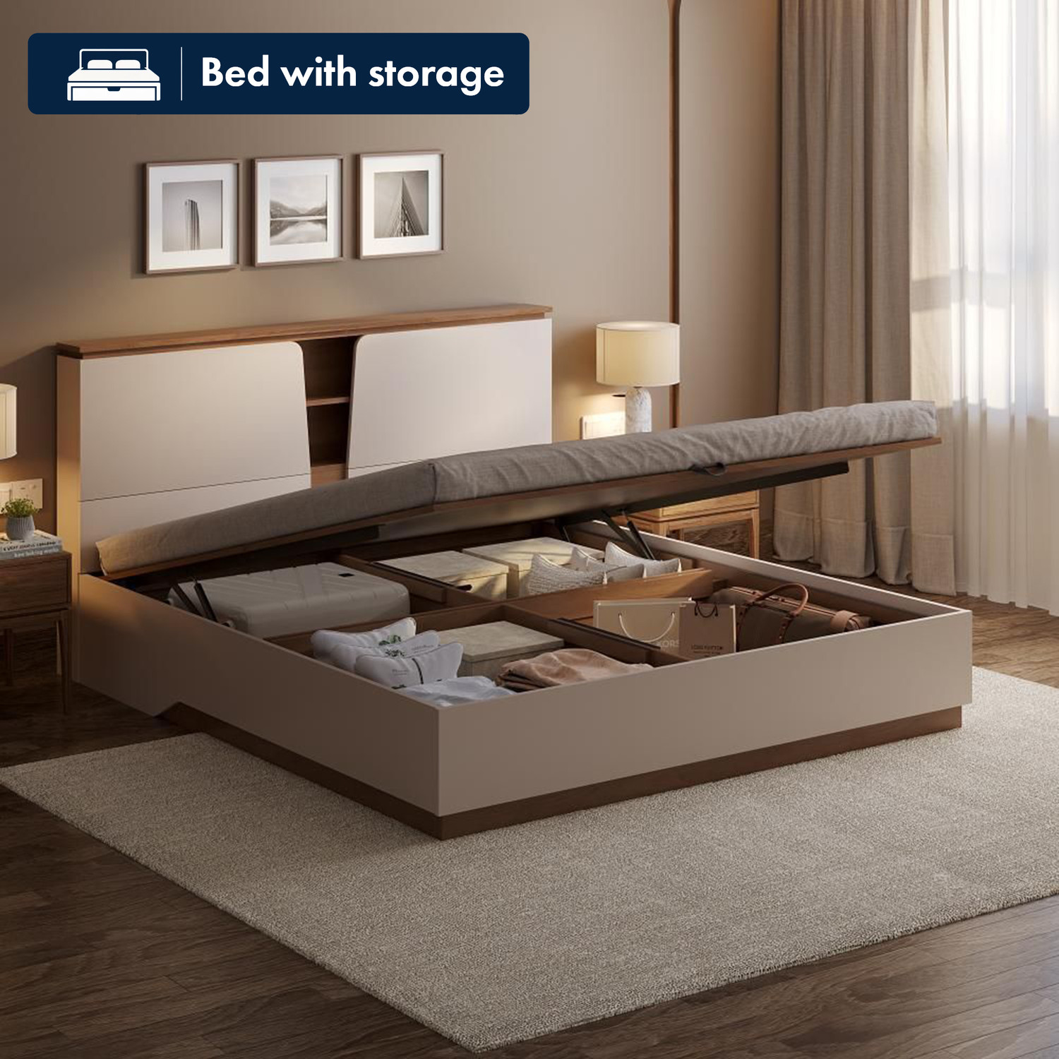 Image of Wakefit Kora Engineered Wood King Hydraulic Bed, 216.7 cm x 187.4 cm (7.11 ft x 6.15 ft)