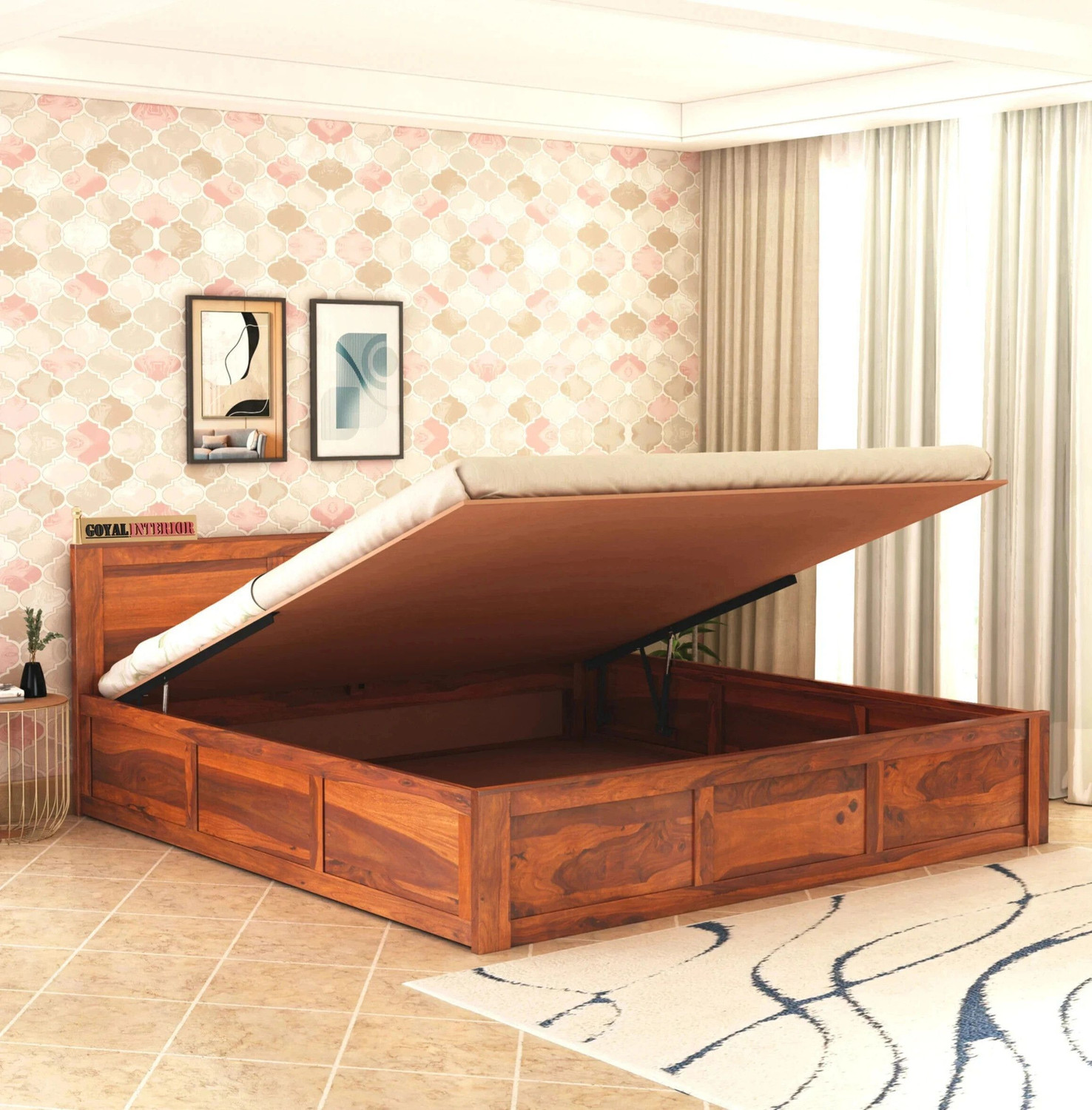 Image of GOYALINTERIOR Sheesham Wood Queen Bed /Wooden Palaung /Cot With Hydraulic Storage For Home Solid Wood Queen Hydraulic Bed, 205 cm x 160 cm (6.73 ft x 5.25 ft)