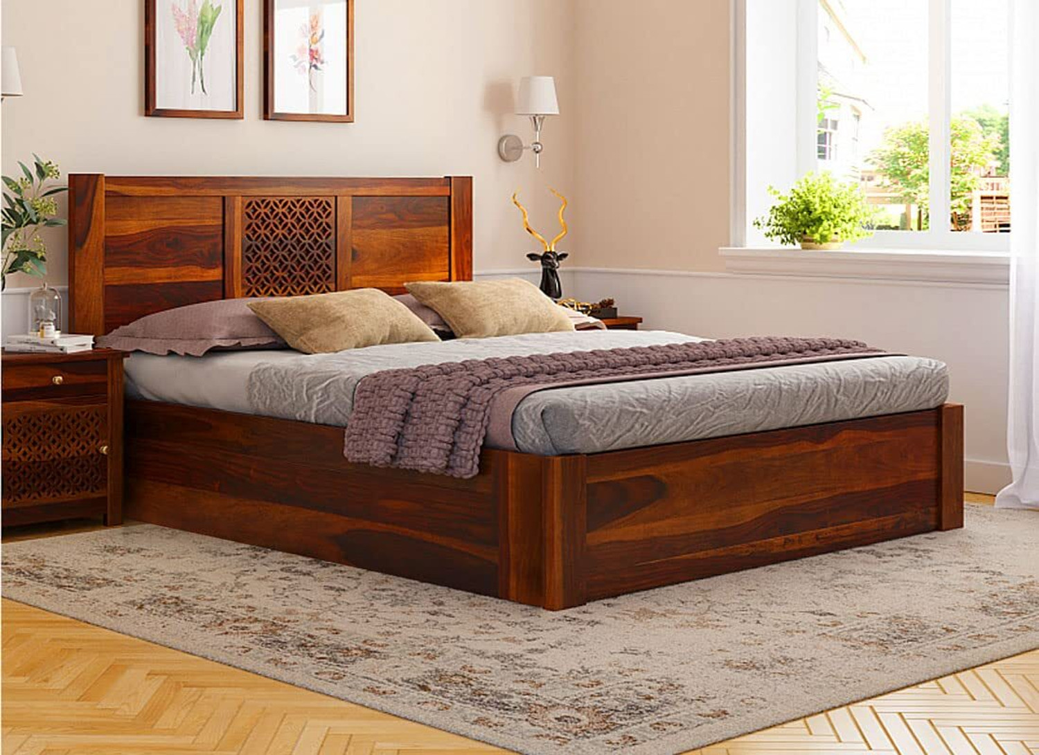 Image of APRODZ Sheesham Wood Durque Hydraulic Bed-King Size Solid Wood King Hydraulic Bed, 190.5 cm x 208.2 cm (6.25 ft x 6.83 ft)