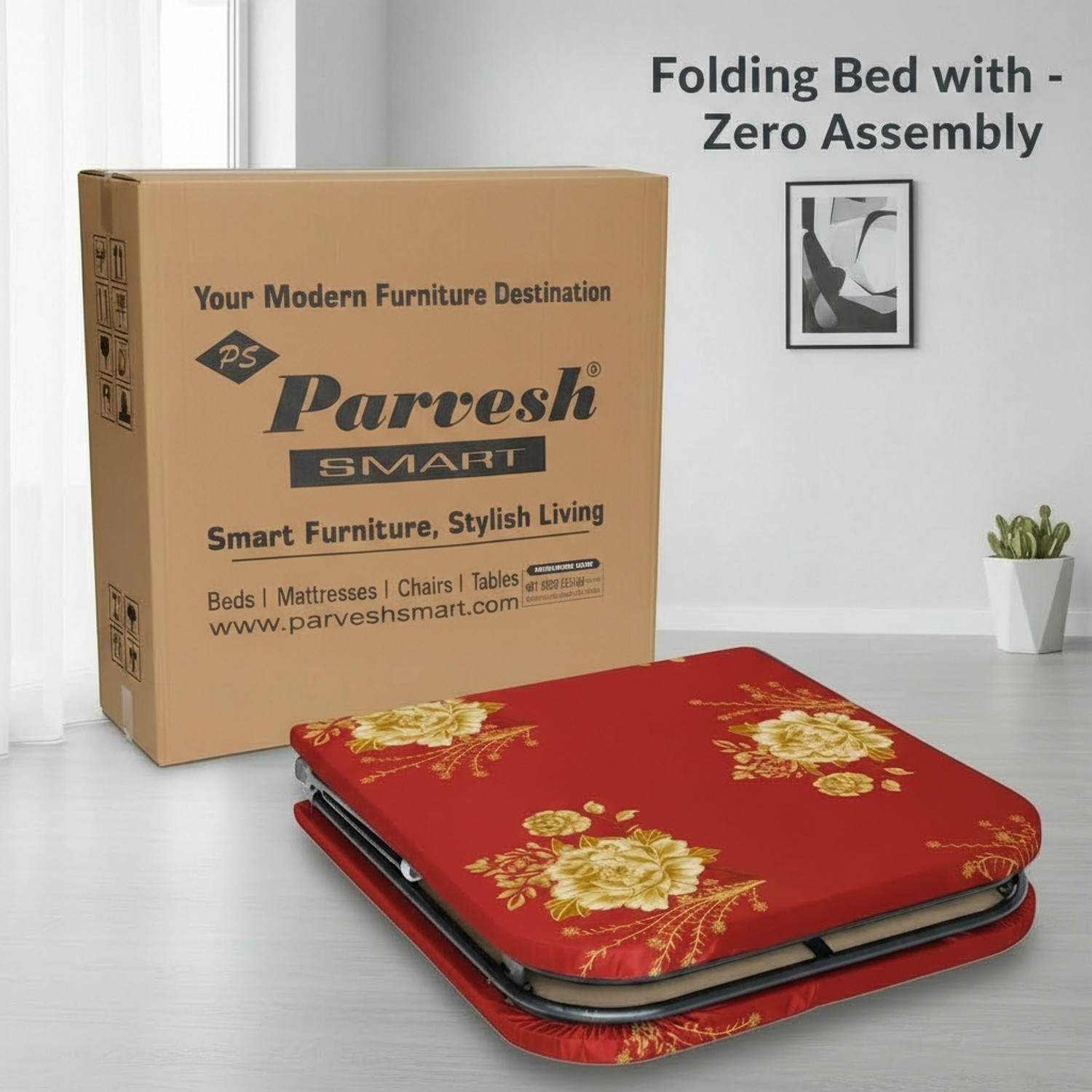 Image of PS PARVESH SMART Mattress bed red 3ft Metal Single Bed, 191 cm x 92 cm (6.27 ft x 3.02 ft) (Finish Color - Red, (Mattress Included), Delivery Condition - Pre-assembled)