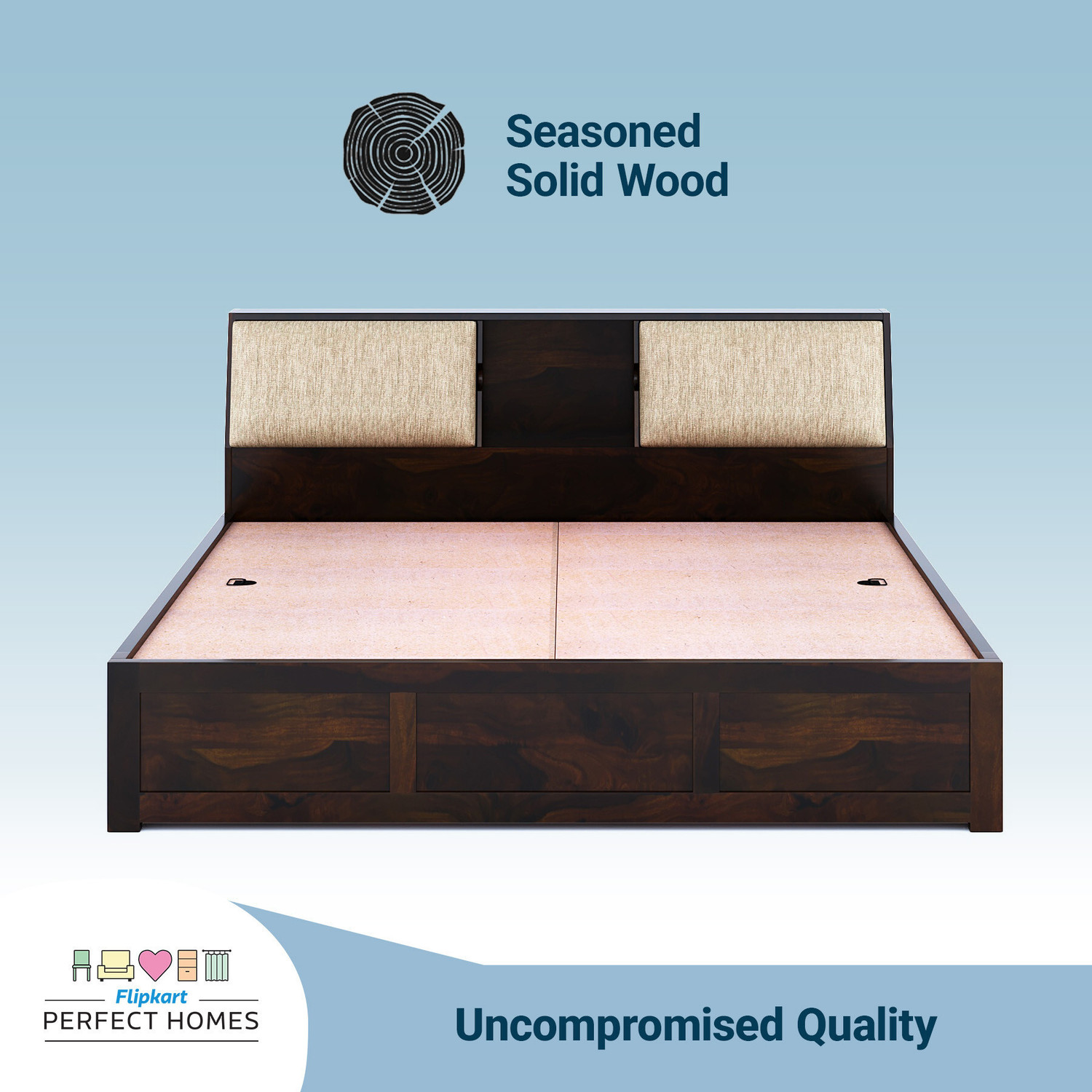 Image of Flipkart Perfect Homes Stout with Storage Headboard Solid Wood Queen Box Bed, 220 cm x 158 cm (7.22 ft x 5.18 ft)