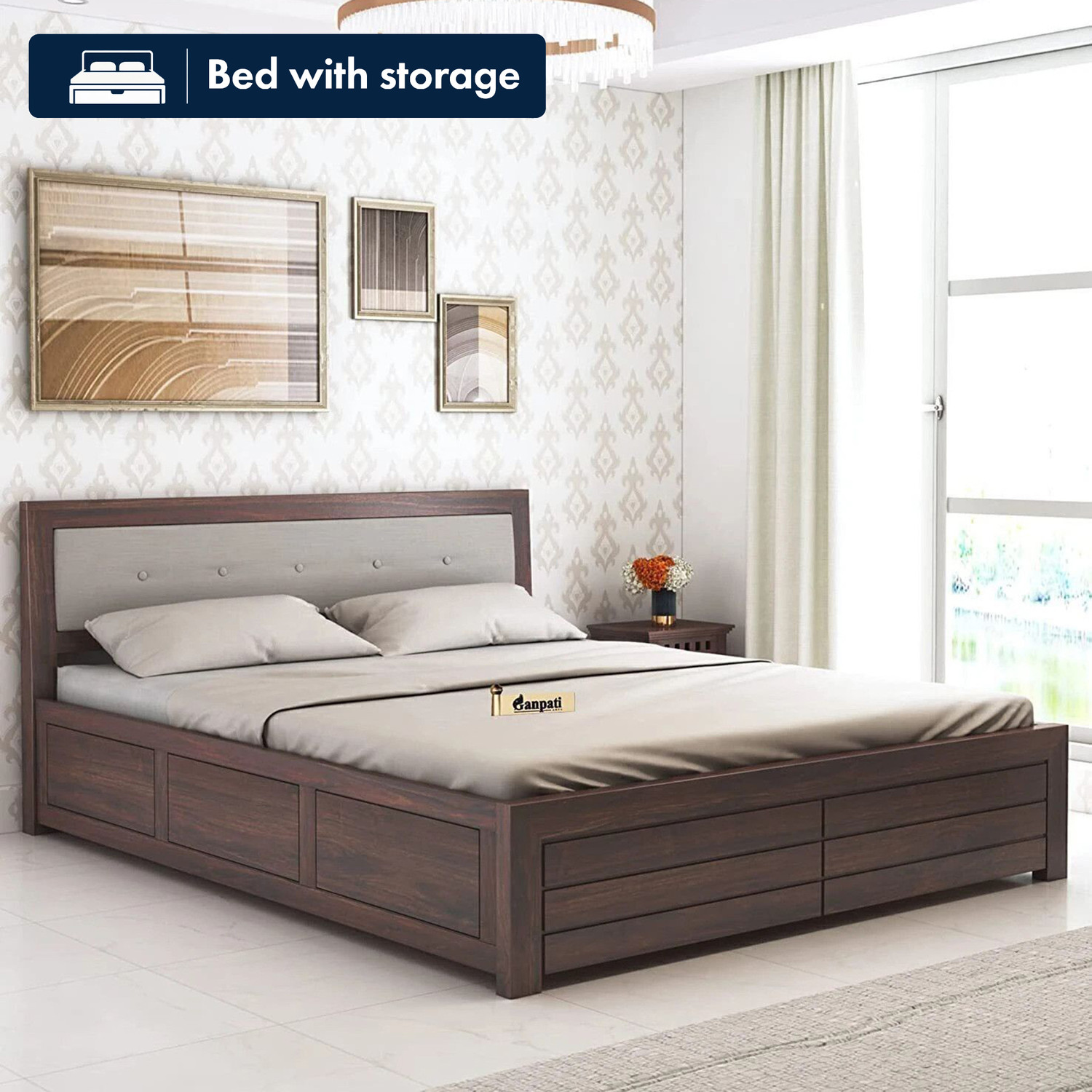 Image of Ganpati Arts Sheesham Wood Bed For Bedroom /Wooden Cot /Bed With Box Storage For Home Solid Wood Queen Box Bed, 188 cm x 193 cm (6.17 ft x 6.33 ft)