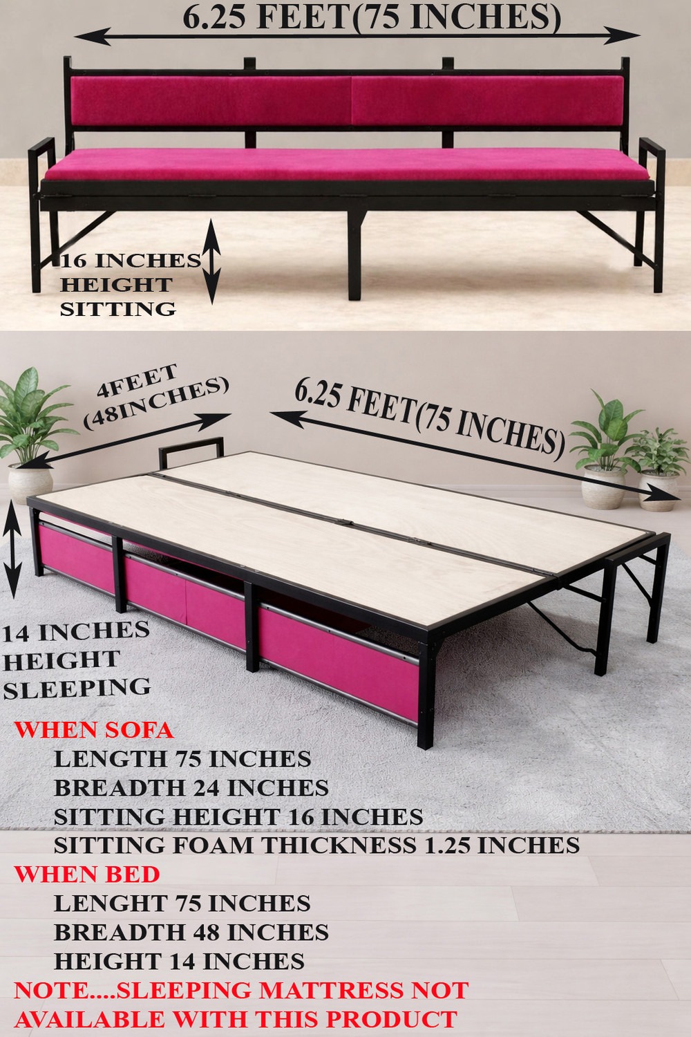 Image of HKAASHI BED CUM SOFA OF METAL FRAME Metal Double Bed, 183 cm x 120 cm (6.0 ft x 3.94 ft)