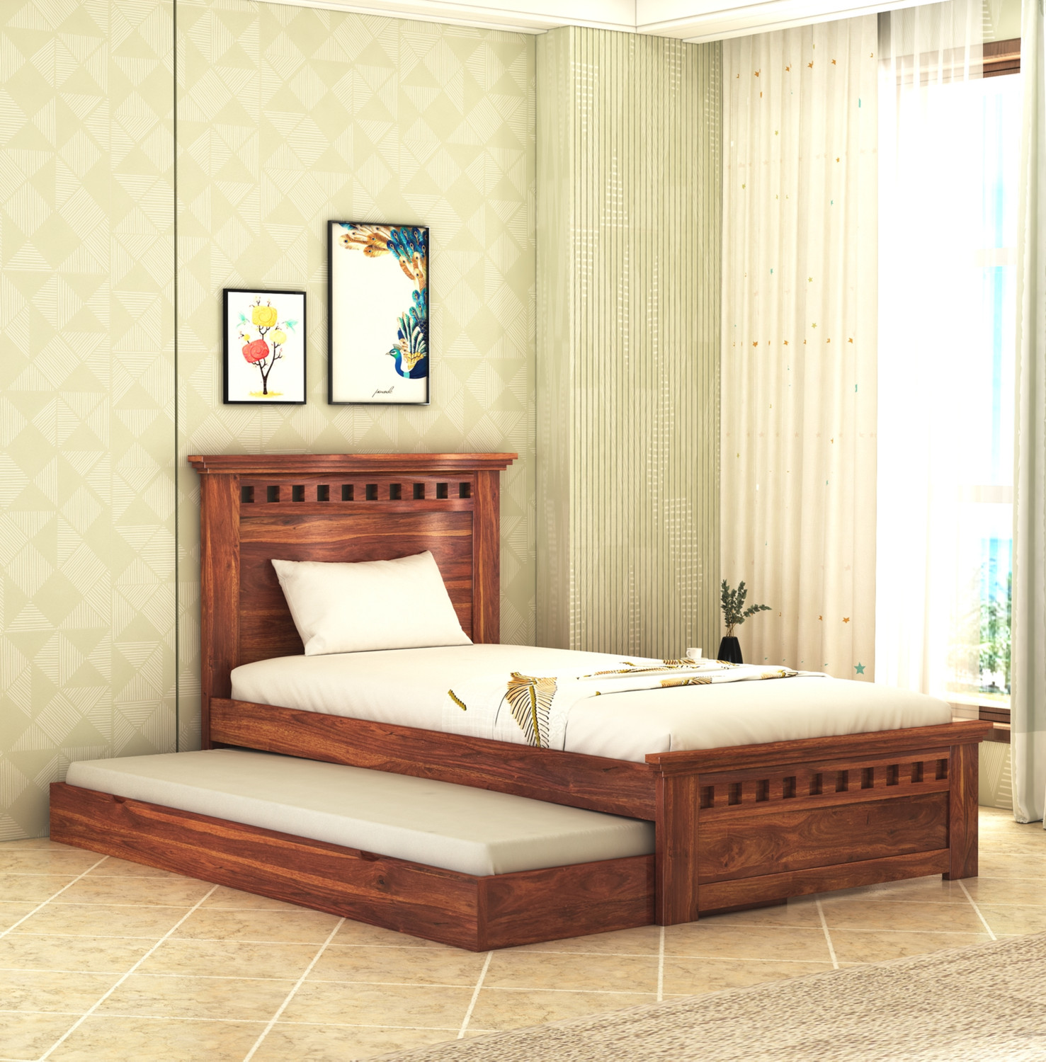 Image of Suncrown Furniture LeafLine Sheesham |Palang|Cot with Storage for Bedroom|Hotel|Living Room Solid Wood Single Drawer Bed, 198 cm x 106 cm (6.5 ft x 3.48 ft)