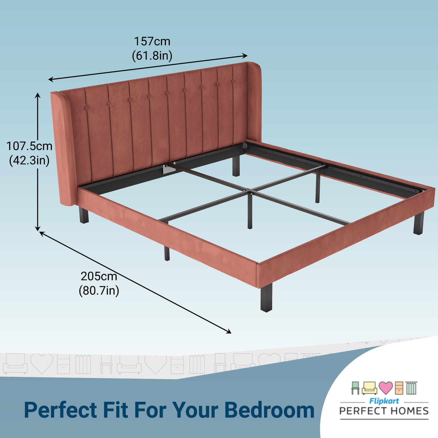Image of Flipkart Perfect Homes Upholstered Engineered Wood Queen Bed, 205 cm x 157 cm (6.73 ft x 5.15 ft)