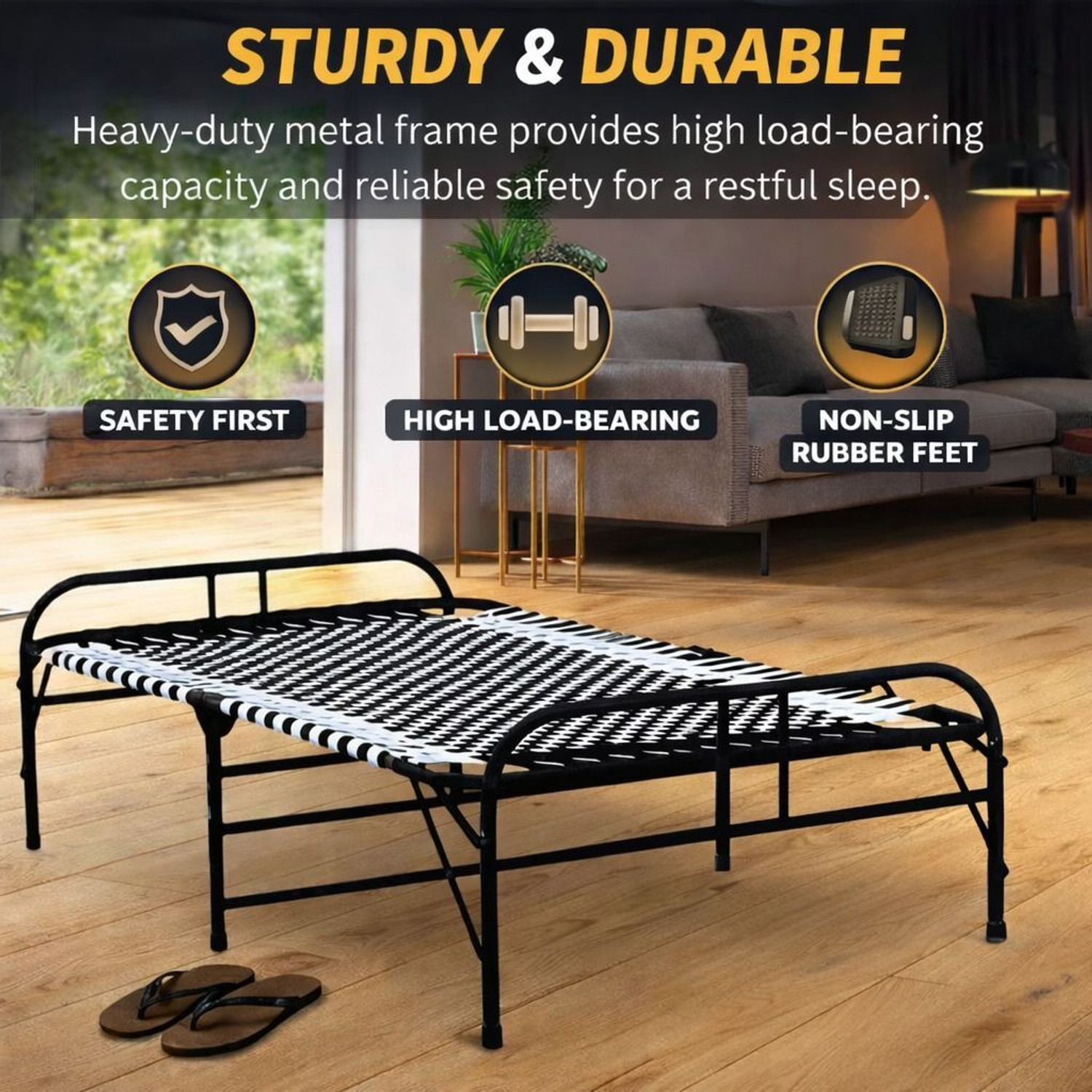 Image of Nandeksha Single Folding Bed Niwar Charpai Khatiya Bed for Sleeping Size Metal Single Bed, 88 cm x 182 cm (2.89 ft x 5.97 ft)