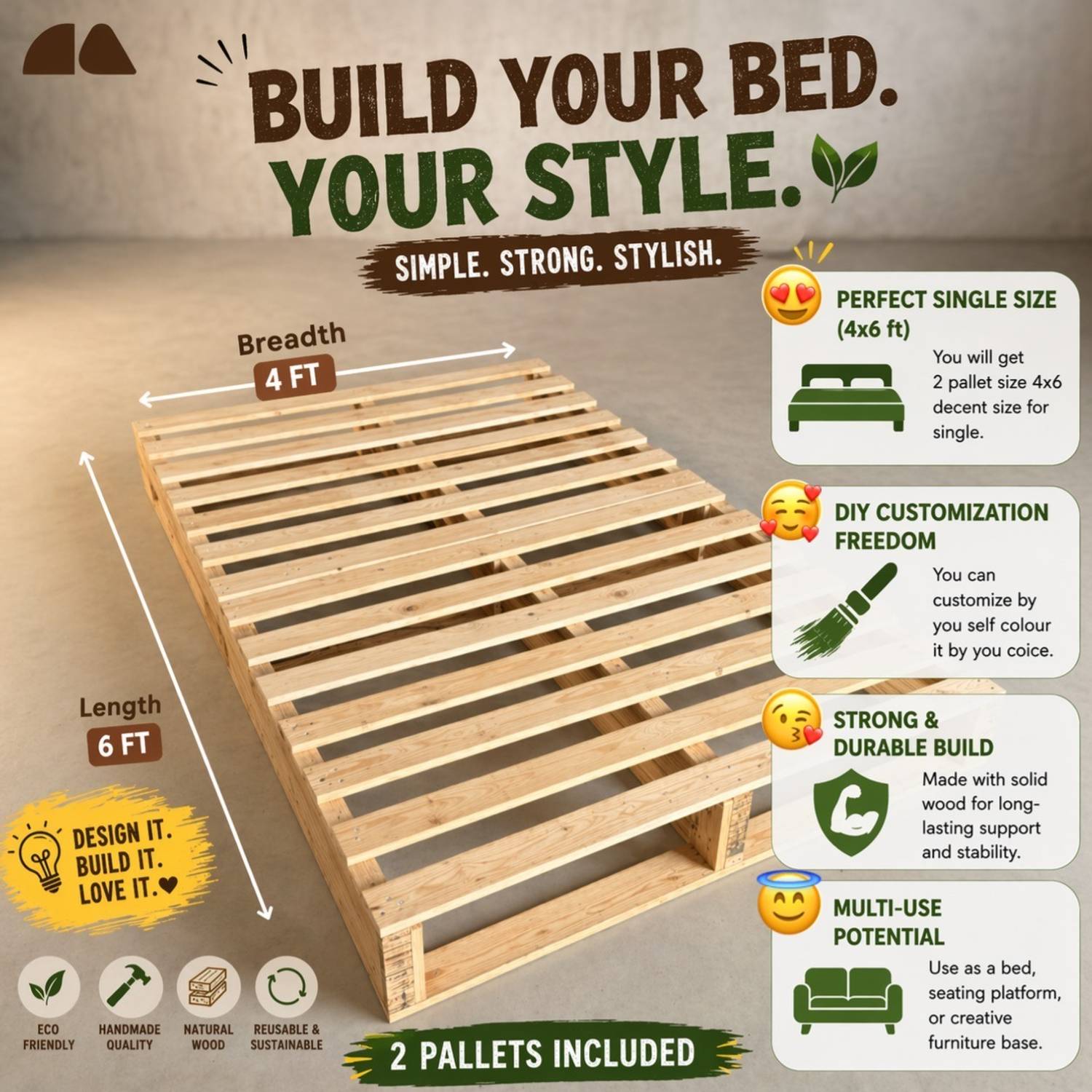 wakeflt Single Wooden Pallet Bed Frame, 150 cm x 60 cm - Image 4