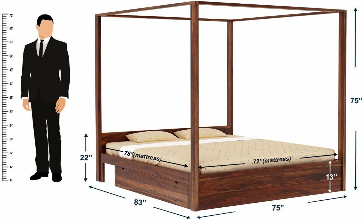 Image of WOODENJOY Sheesham Wood King Bed With Drawers Storage /Wooden Bed With Storage For Home Solid Wood King Drawer Bed, 210.82 cm x 190.5 cm (6.92 ft x 6.25 ft)
