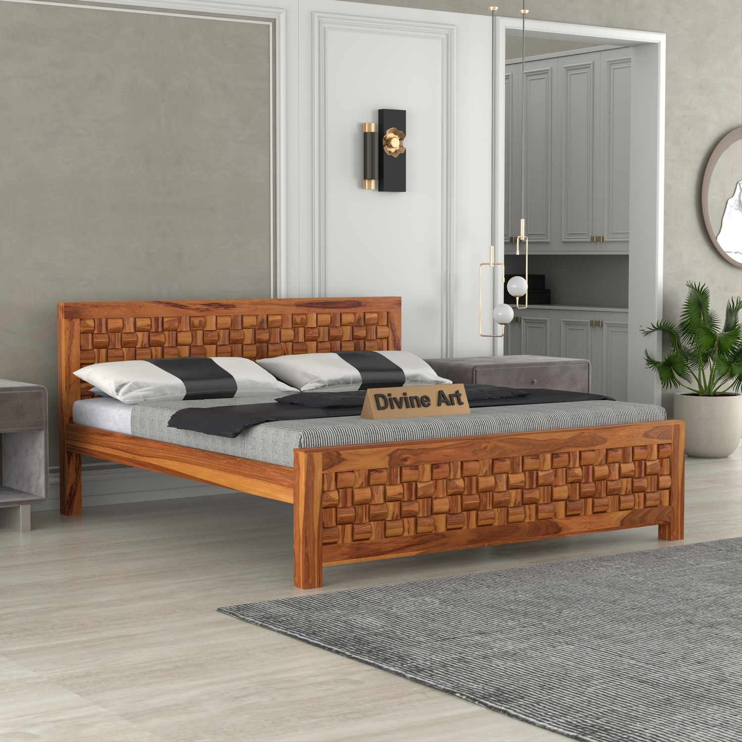 Image of Divine Arts Solid Wood Queen Bed, 205.74 cm x 157.48 cm (6.75 ft x 5.17 ft)