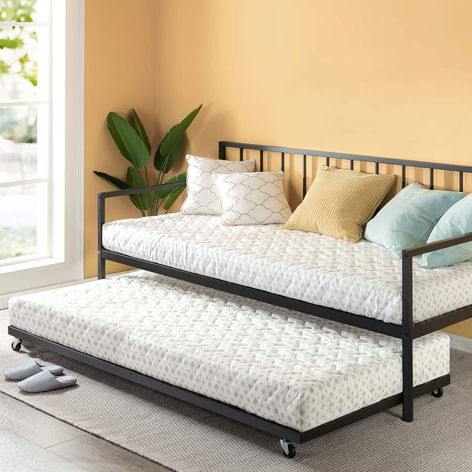 Image of APRODZ Twin Size Metal Daybed with Trundle Bed Metal Single Bed, 195.6 cm x 83.8 cm (6.42 ft x 2.75 ft)