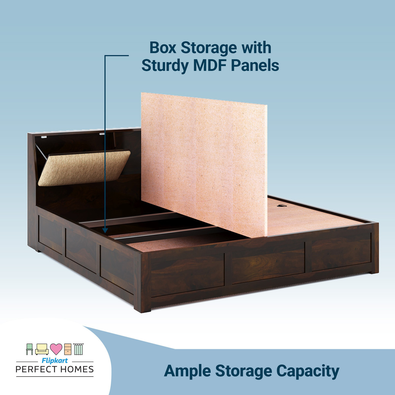 Image of Flipkart Perfect Homes Stout with Storage Headboard Solid Wood Queen Box Bed, 220 cm x 158 cm (7.22 ft x 5.18 ft)