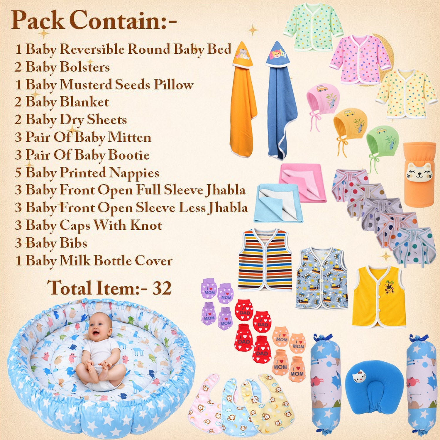 Image of Toddylon New Born Baby Reversible Bed & Daily Essential Items Combo (0-6 Month)