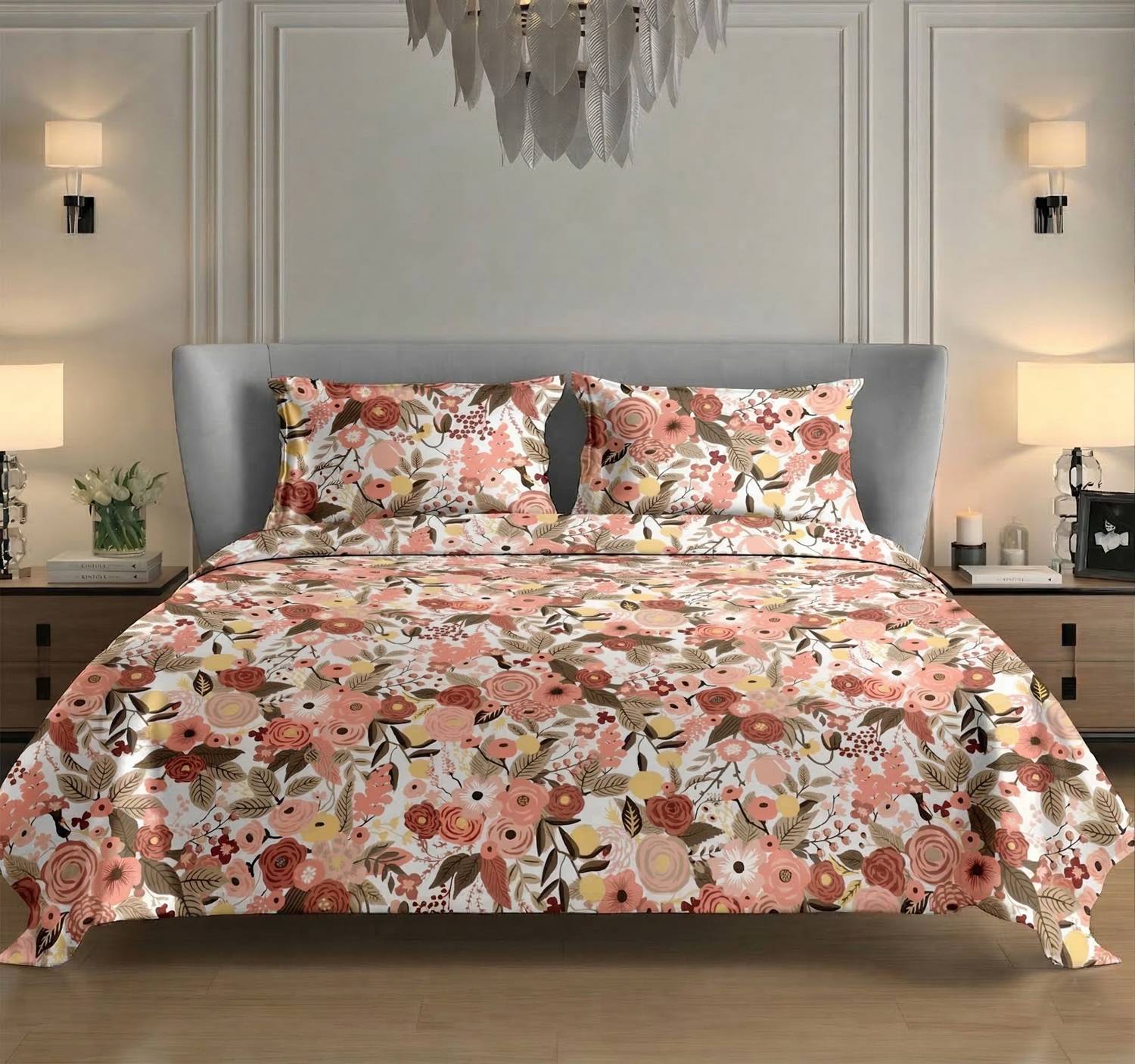 WHOO CARES Cotton Double Flat 210 TC Floral 1 Bedsheet (Peach)