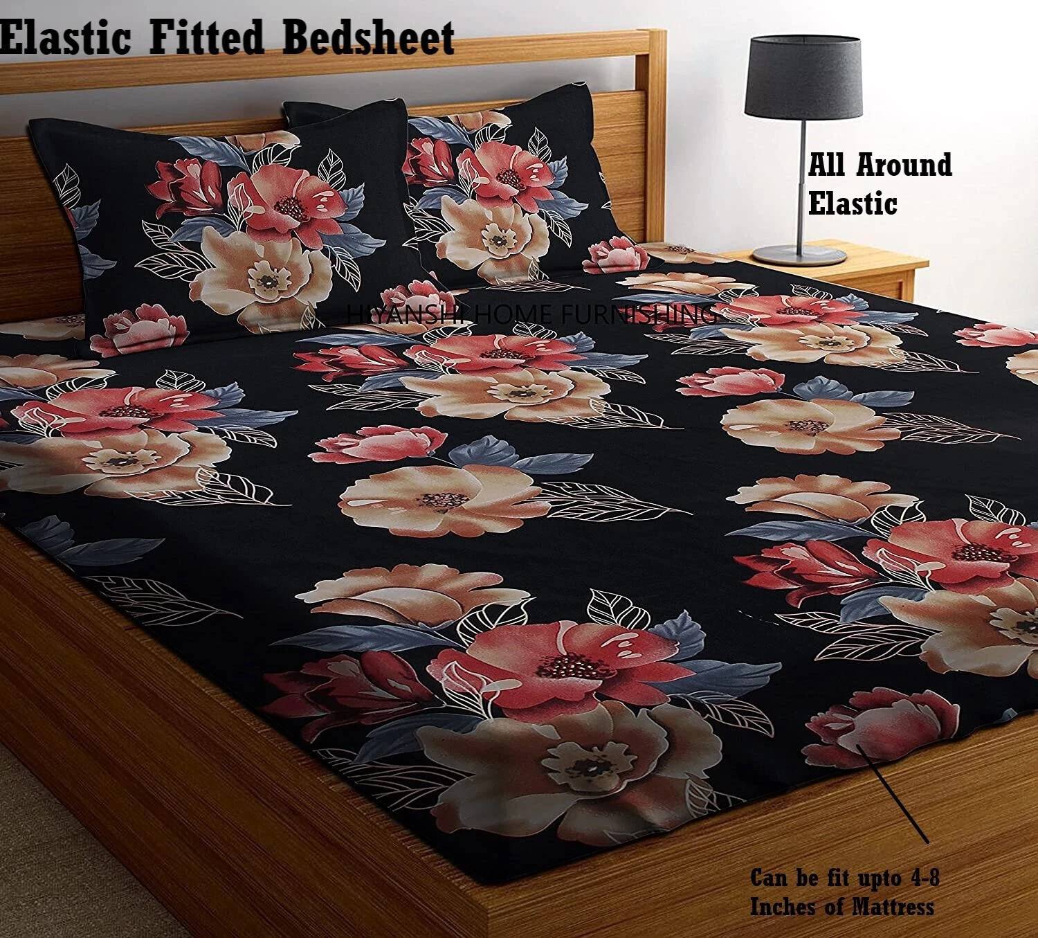 Amrange Cotton King Fitted (Elastic) 210 TC 3D Printed 1 Bedsheet with 2 Pillow Covers