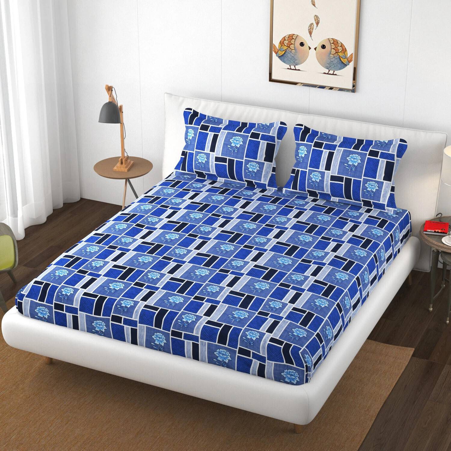 SCHp Cotton Double Flat 320 TC Printed 1 Bedsheet with 2 Pillow C