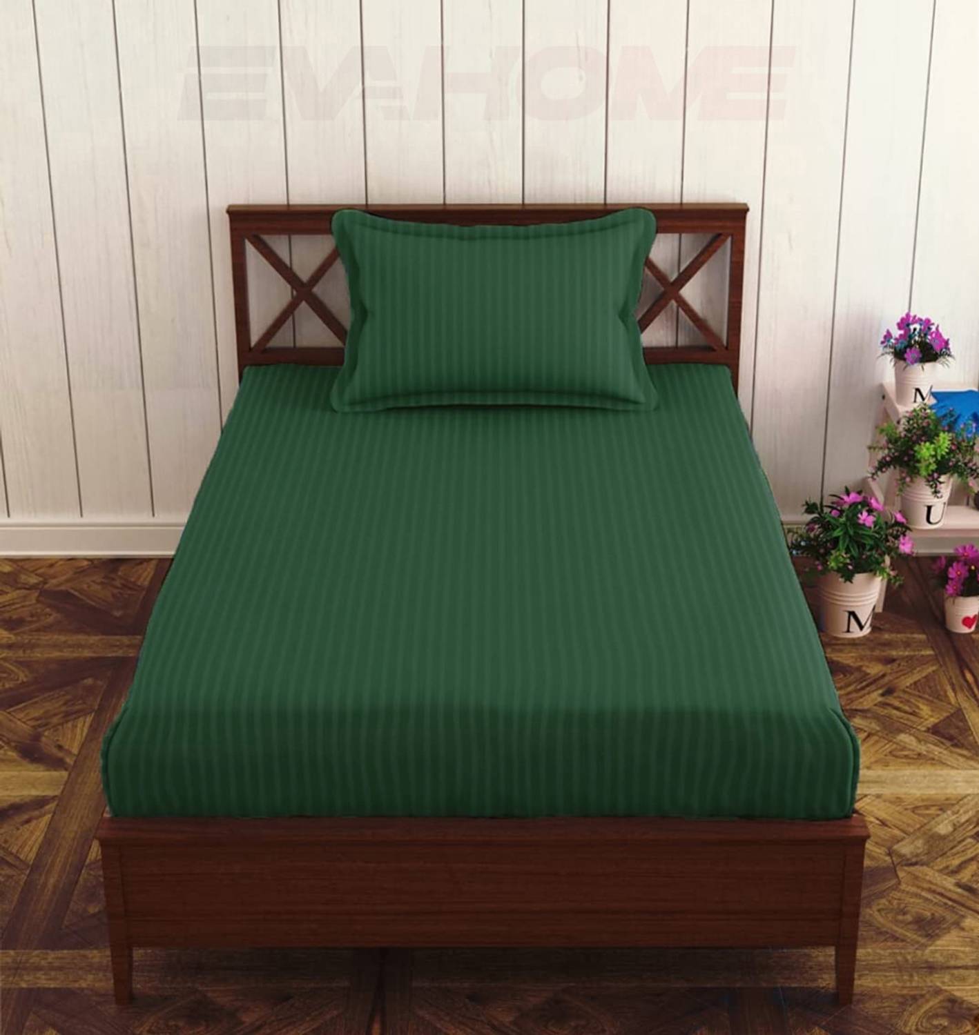 EVAHOME Cotton Single Flat 300 TC Striped 1 Bedsheet with 2 Pillo