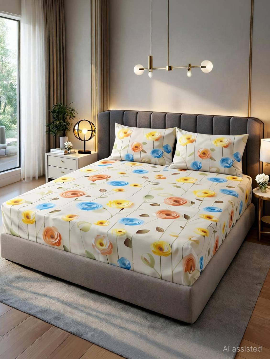 A11 M@LL Cotton King Fitted (Elastic) 340 TC 7D Digital 1 Bedsheet with 2 Pillow Covers