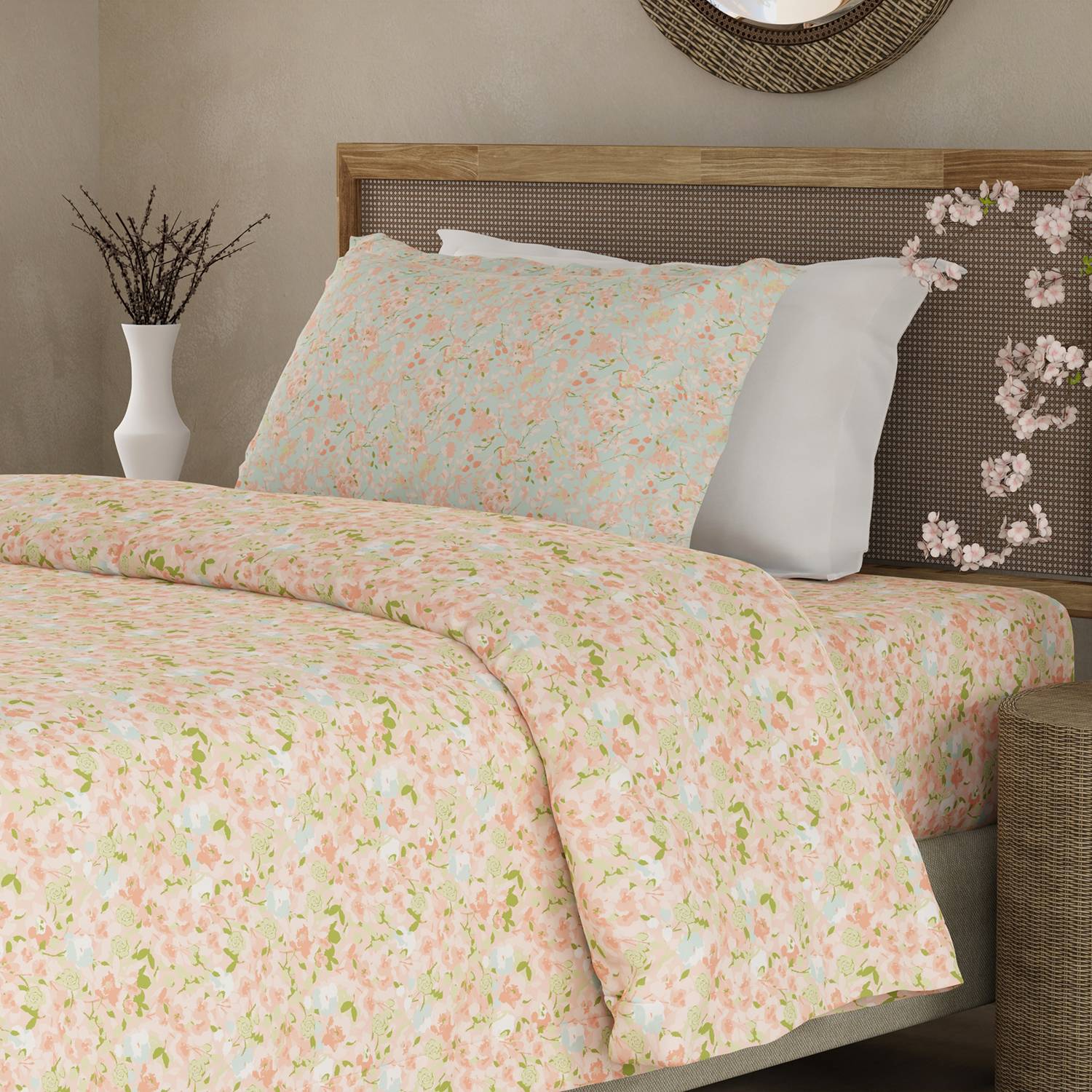 Boutique Living Cotton Single Flat 200 TC Floral 1 Bedsheet with 2 Pillow Covers