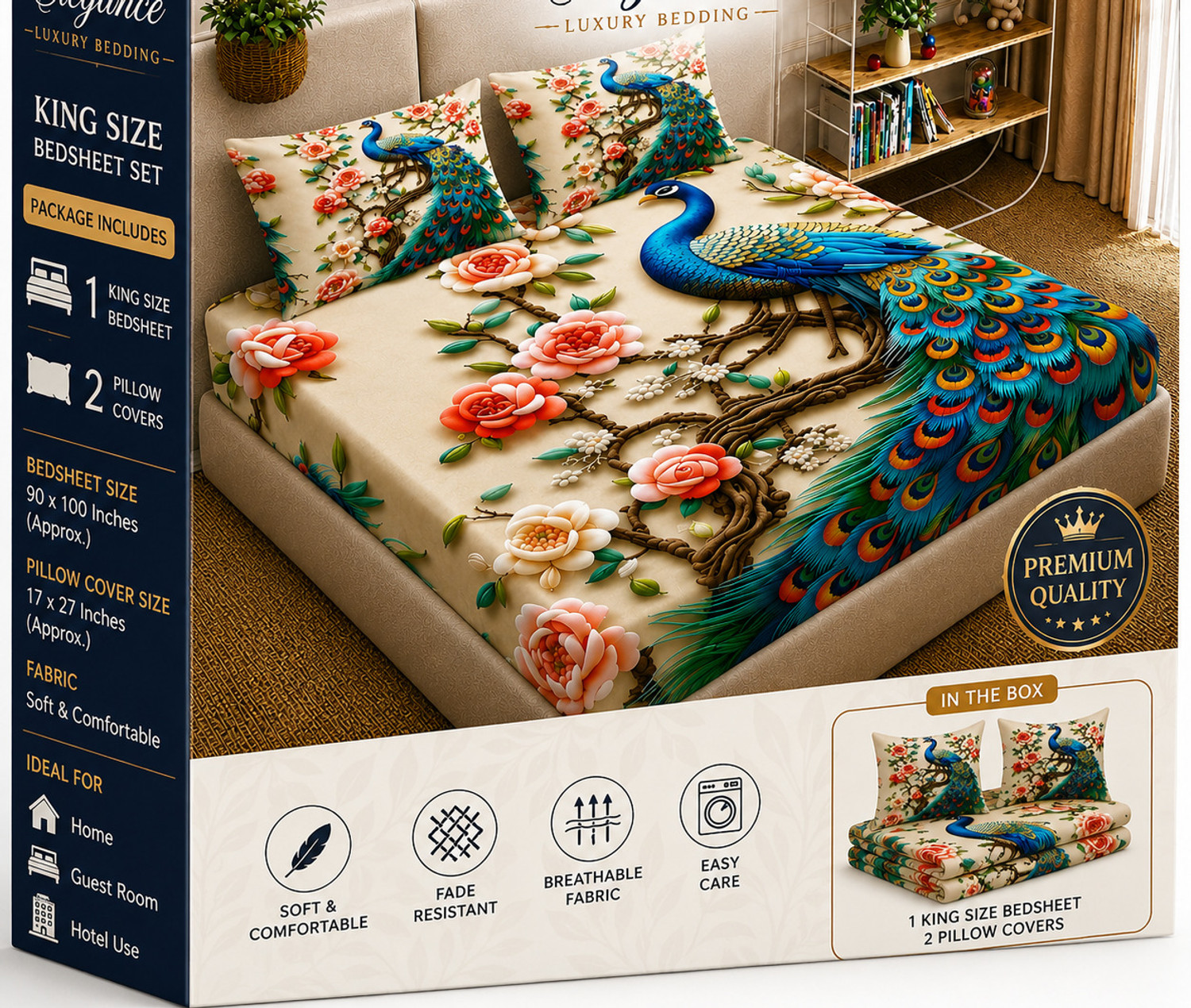 Image of Ditya Cotton Double, King, Queen Flat 410 TC 3D Printed 1 Summer Bedsheet with 2 Pillow Covers (Multicolor)