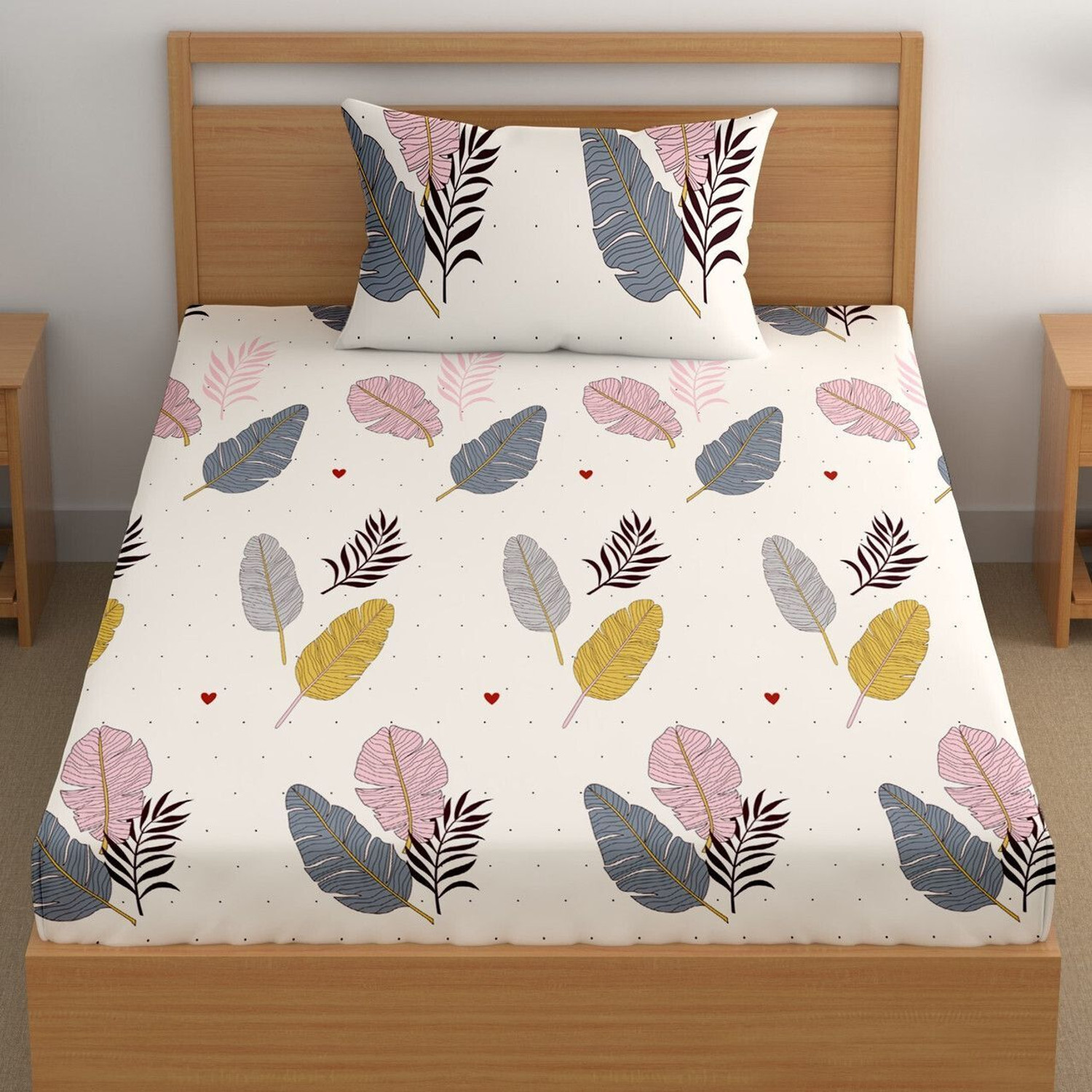 Image of Moonroof Cotton Single Fitted (Elastic) 240 TC Printed 1 Bedsheet with 2 Pillow Covers