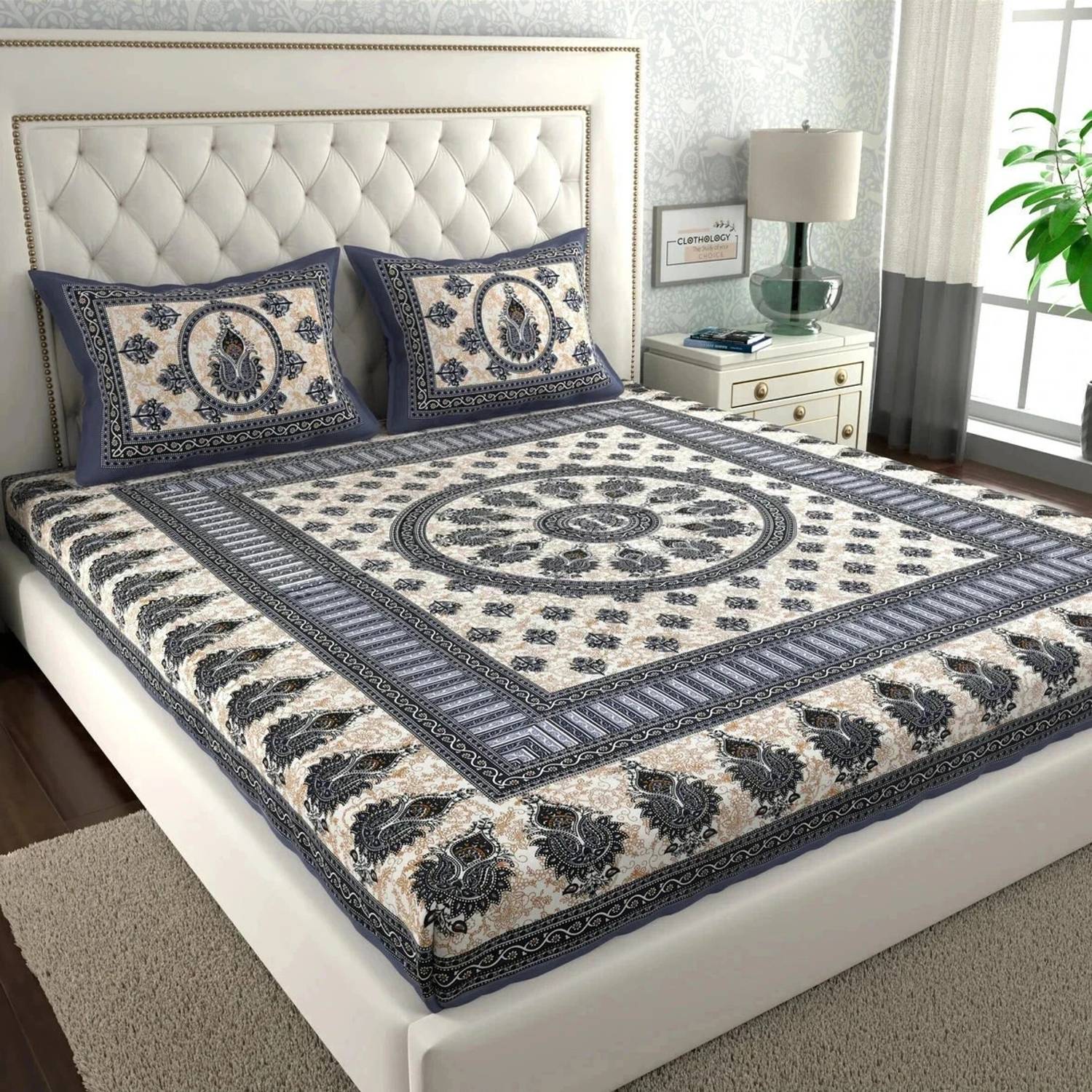 Cosito Cotton Double Flat 144 TC Printed 1 Bedsheet with 2 Pillow