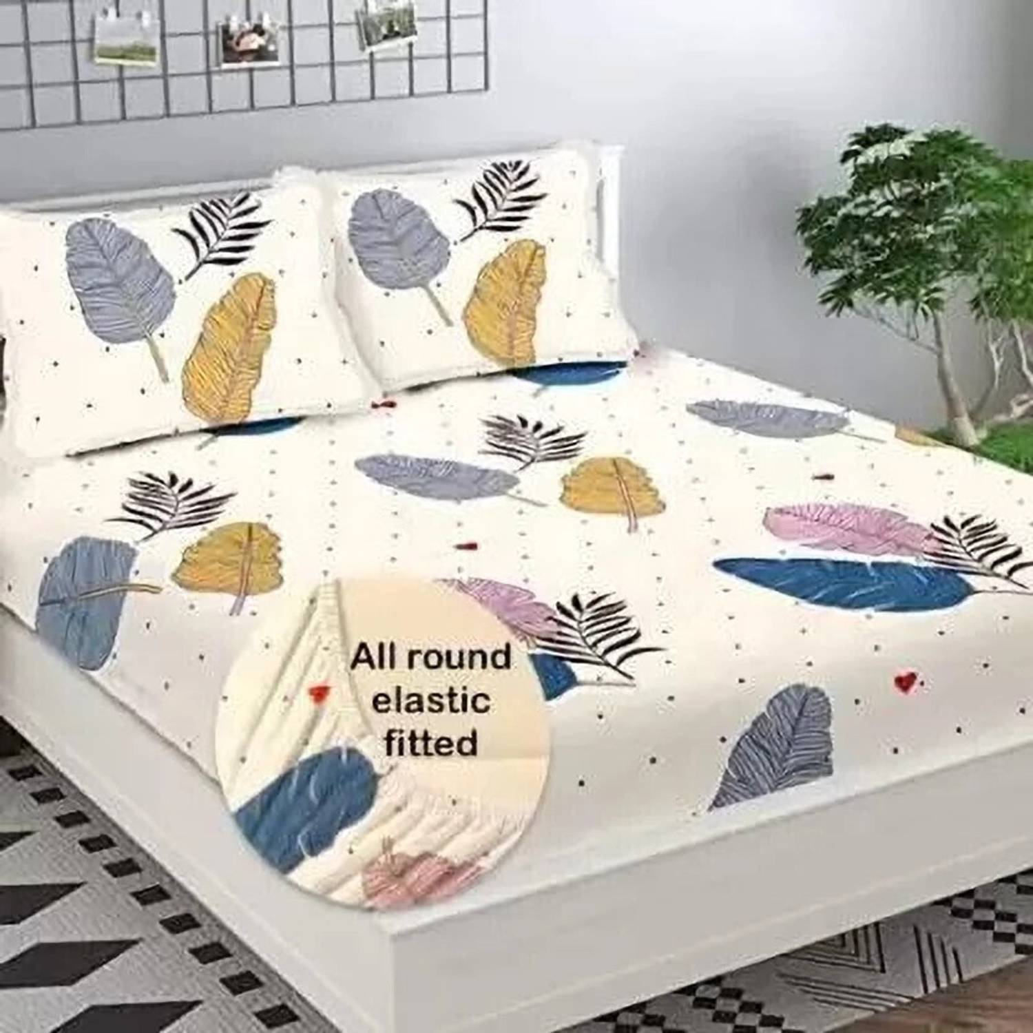 ANIKET Cotton Queen Fitted (Elastic) 204 TC Printed 1 Bedsheet wi