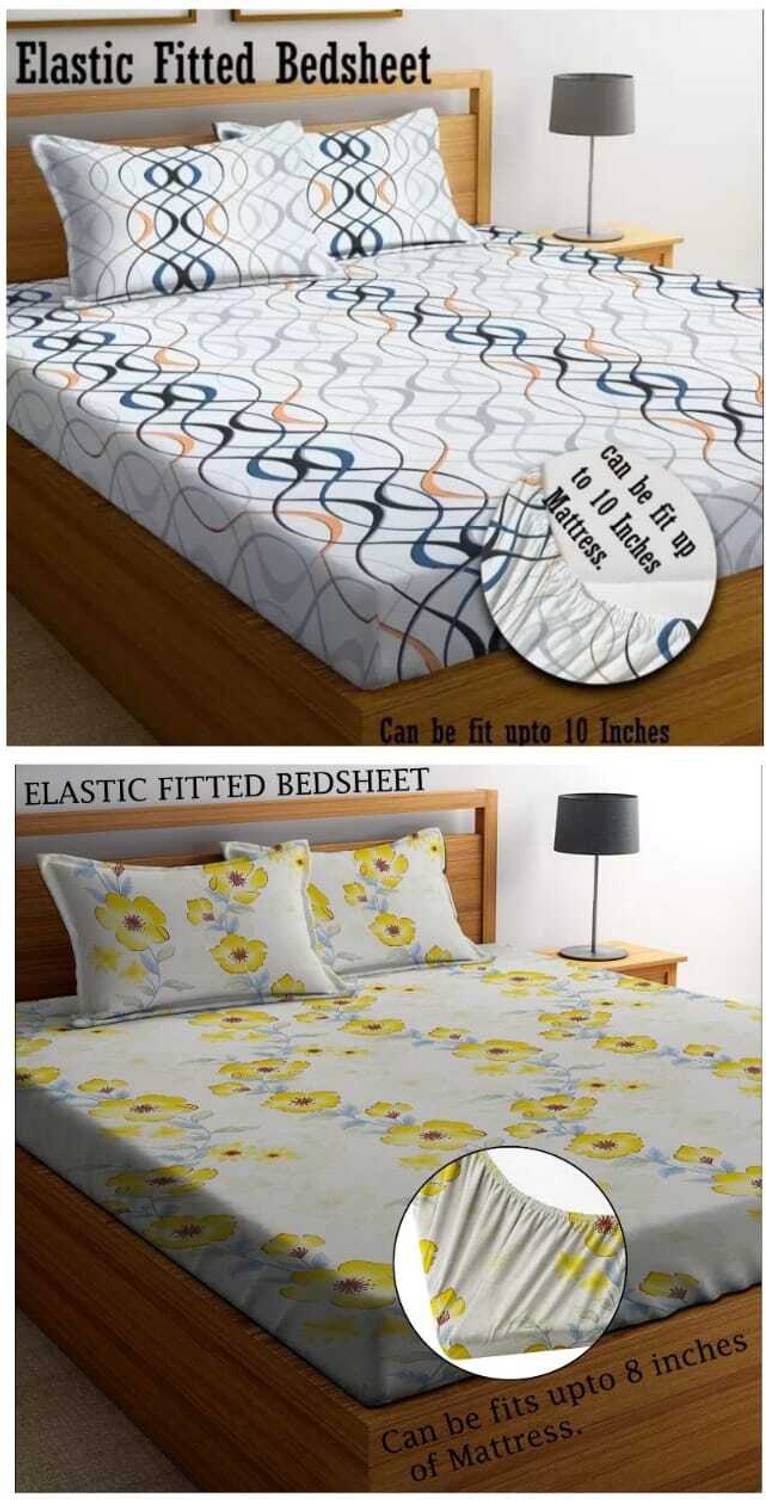 Amrange Cotton King Fitted (Elastic) 210 TC 3D Printed 2 Bedsheets with 4 Pillow Covers