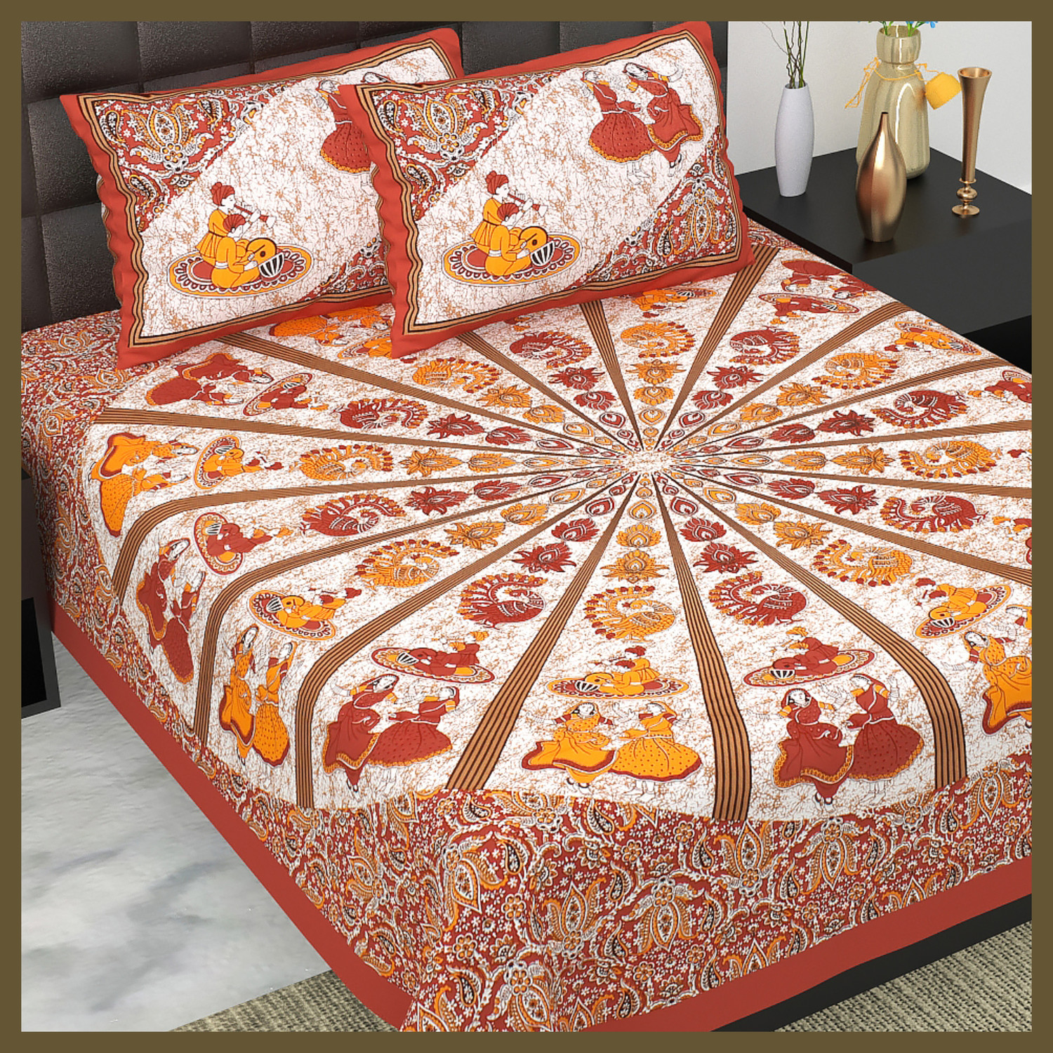 Image of JAIPUR PRINTS Cotton Double Flat 144 TC Jaipuri Prints 1 Bedsheet with 2 Pillow Covers (Brown)