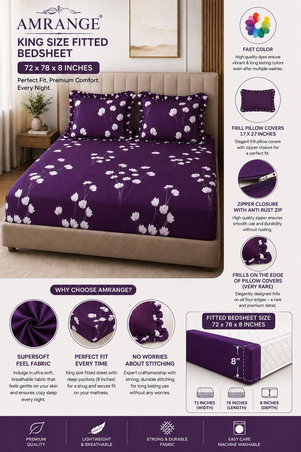 Amrange 180 TC Floral King Fitted Bedsheet with 2 Pillow Covers - Image 4