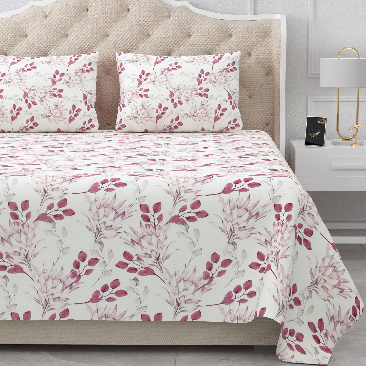 BELLA CASA Cotton King Flat 180 TC Floral 1 Bedsheet with 2 Pillow Covers