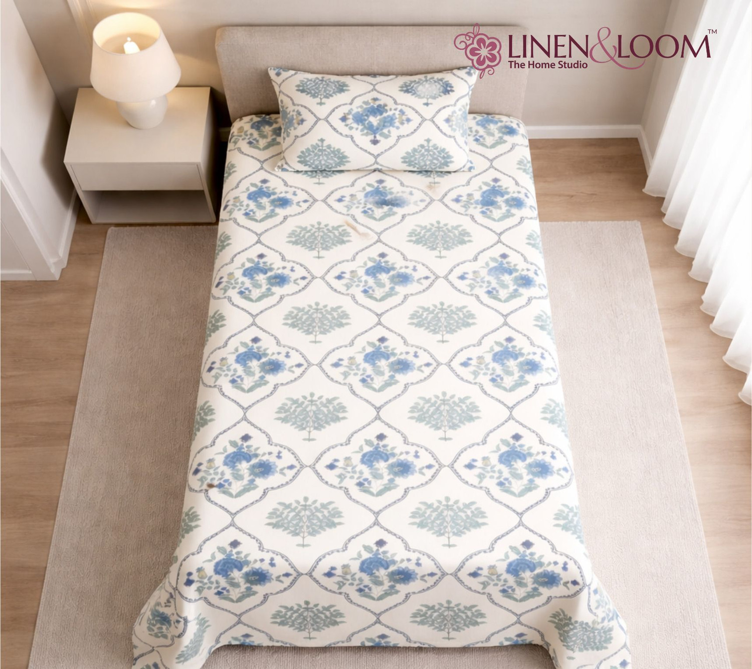 Image of Linen & Loom Cotton Blend Single Flat 240 TC Printed 1 Bedsheet (Blue)